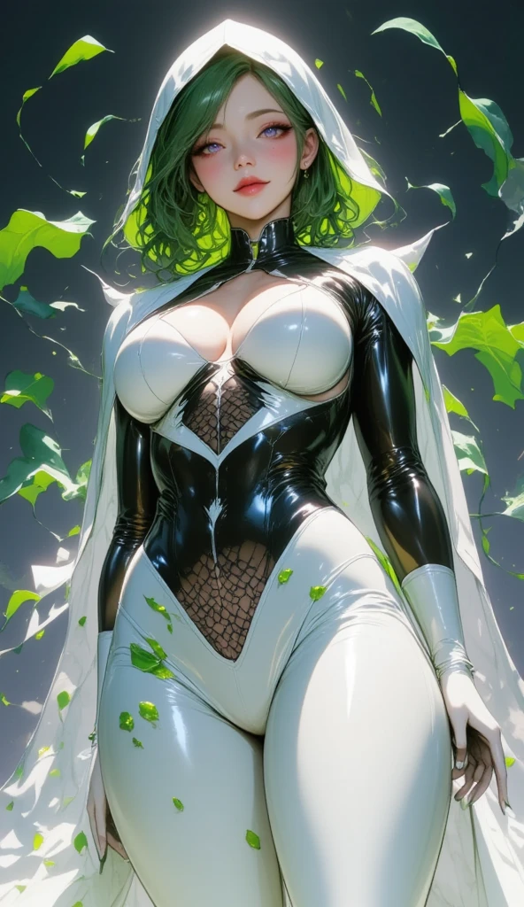 1 young beautiful woman,( best quality, very detailed depiction, Incredibly Absurd Hi-Res, shiny skin),( Phantom with White Radish Motifs :2.0,White latex bodysuit, Black Bodynet Suit ,White tights,White heels, boots),(Green Radish Leaves , green hair,Purple Eyes, bewitching smile,Glossy lips,Flashy makeup,Seductive gestures, half closed eyes:2.0,), full body image :2.0,A shadowy expression,