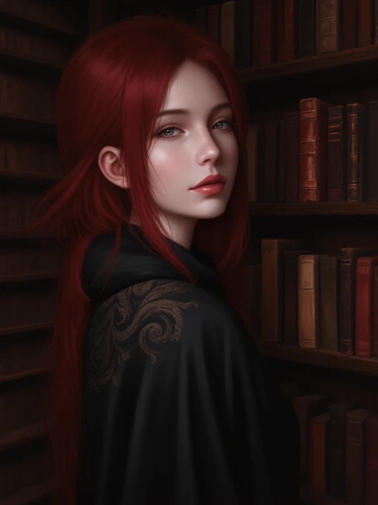 Image is a digital illustration featuring a gothic style portrait of a woman with striking red hair, styled straight and falling past her shoulders. She has pale skin and dark, dramatic makeup, including deep red lipstick and dark eyeshadow, which accentuates her sharp facial features. Her expression is serious and enigmatic. She is wearing a black cloak with intricate, swirling patterns on the shoulder, adding to the mysterious and dark aesthetic. The background consists of a dimly lit library with shelves filled with books, creating a moody and atmospheric setting. 