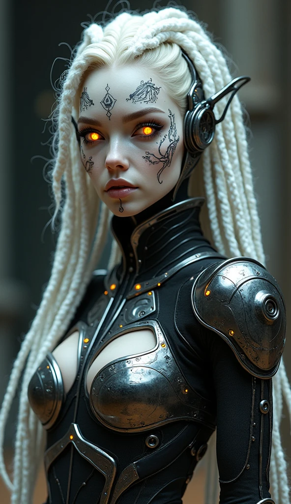 Creative portrait photography: Female, Porcelain skin, cybergoth, Salvador Dali, Strong staring eyes, As a concept robot, New futuristic, abstracted, Hyper-Resolution, intricately details, Medium shot, Low angle, 8k Helmut Newton