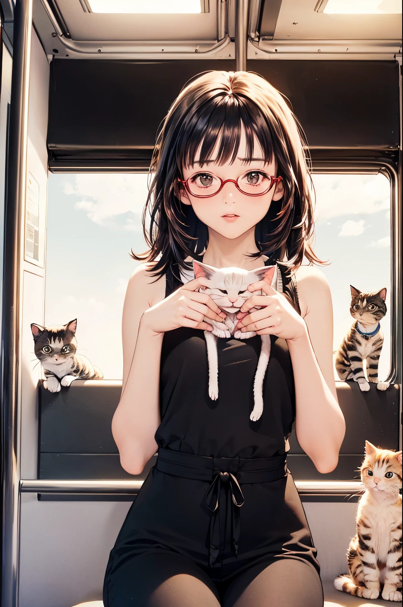 (8k、top-quality、masterpiece:1.2)、(Realistic、Ultra-detailed、 super A high resolution 、 1 girl,25 years,Beautifully detailed face, perfect body for a lawn,(( Long Black Hair )),((evening)),narrow、( slim waist :1.3)、 beautiful detailed skin holding a kitten、 skin texture、Floating Hair、((daylight)),(( office lady holding kittens, sitting desk in the back seat of the bus,Wear red glasses,Knee)),,Full face blush,((evening))(( Upper Body Shots )) 、Holding a kitten、