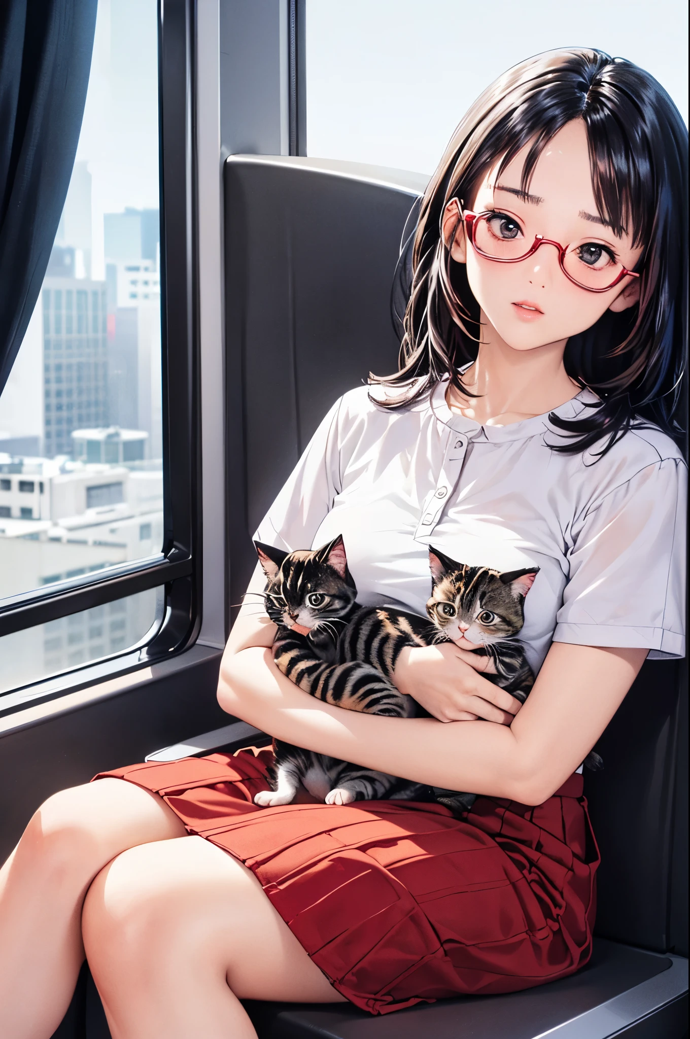 (8k、top-quality、masterpiece:1.2)、(Realistic、Ultra-detailed、 super A high resolution 、 1 girl, ponytails bleeding from the vagina,Beautifully detailed face, perfect body for a lawn,(( Long Black Hair )),((evening)),narrow、( slim waist :1.3)、 beautiful detailed skin holding a kitten、 skin texture、Floating Hair、((daylight)),(( office lady holding kittens, sitting desk in the back seat of the bus,Wear red glasses,Knee)),,Full face blush,((evening))(( Upper Body Shots )) 、Holding a kitten、