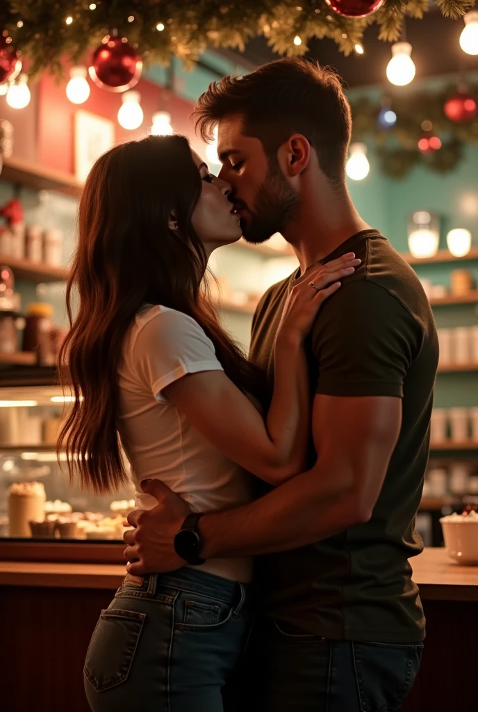 1 woman,   Brown hair, jean, tee shirt, 1 sexy man,  Brown hair, kissing, night, bakery, Christmas,  High Resolution, 