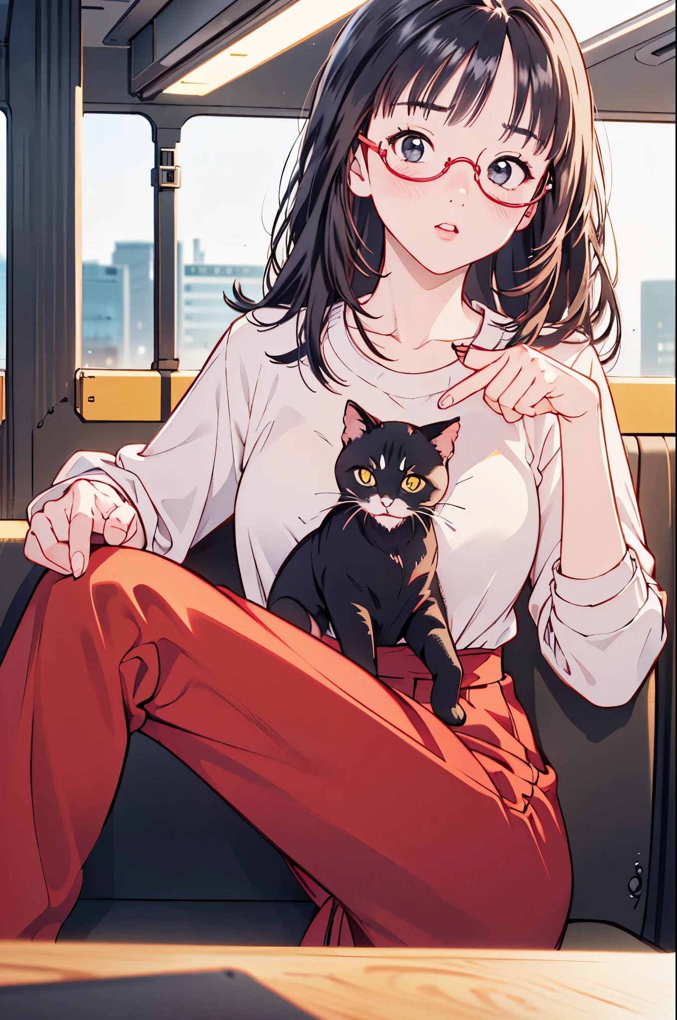 (8k、top-quality、masterpiece:1.2)、(Realistic、Ultra-detailed、 super A high resolution 、 1 girl,25 years,Beautifully detailed face, perfect body for a lawn,(( Long Black Hair )),((evening)),narrow、( slim waist :1.3)、 beautiful detailed skin holding a kitten、 skin texture、Floating Hair、((daylight)),(( office lady holding kittens, sitting desk in the back seat of the bus,Wear red glasses,Knee)),,Full face blush,((evening))(( Upper Body Shots )) 、Holding a kitten、
