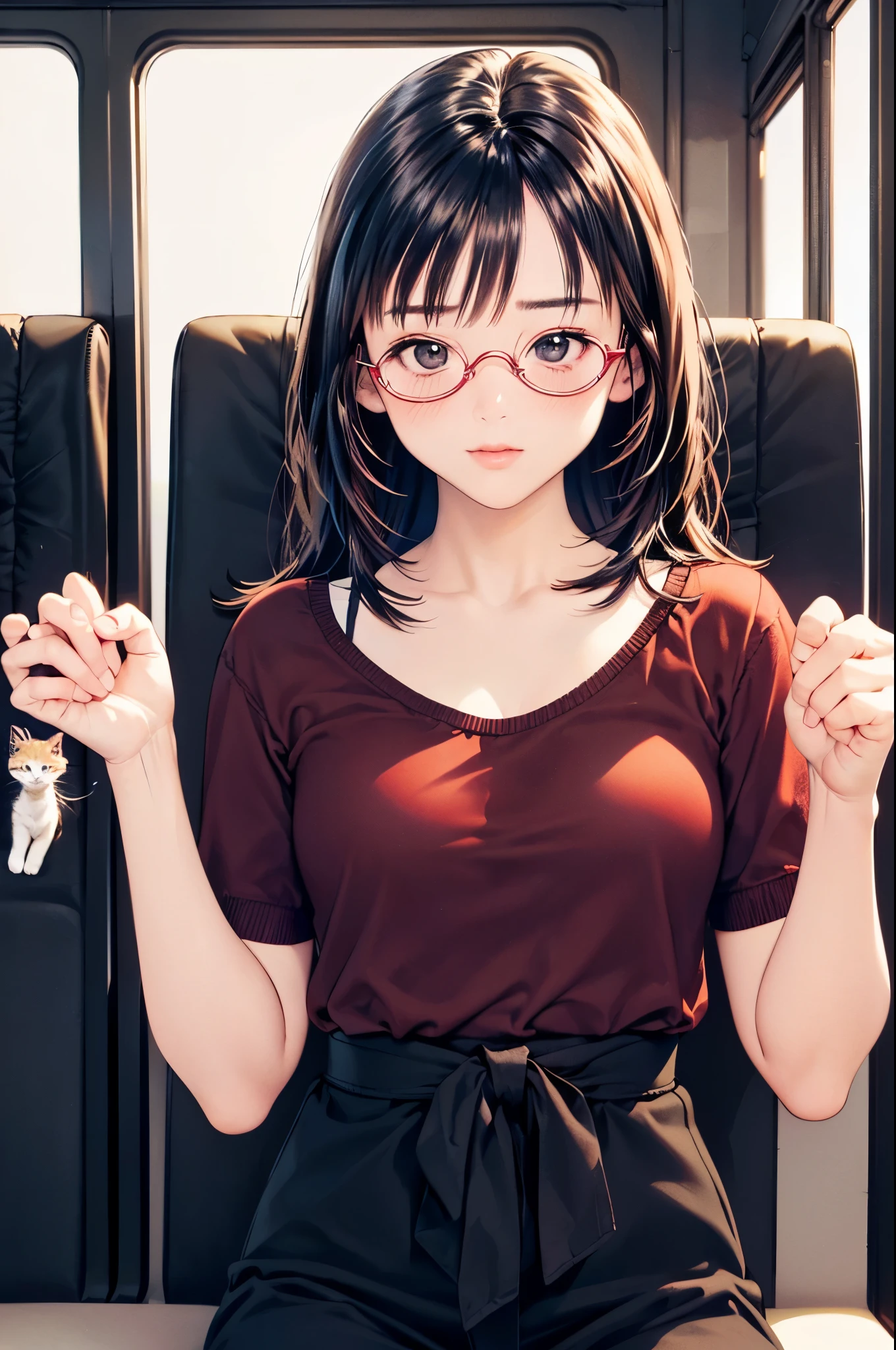 (8k、top-quality、masterpiece:1.2)、(Realistic、Ultra-detailed、 super A high resolution 、 1 girl, ponytails bleeding from the vagina,Beautifully detailed face, perfect body for a lawn,(( Long Black Hair )),((evening)),narrow、( slim waist :1.3)、 beautiful detailed skin holding a kitten、 skin texture、Floating Hair、((daylight)),(( office lady holding kittens, sitting desk in the back seat of the bus,Wear red glasses,Knee)),,Full face blush,((evening))(( Upper Body Shots )) 、Holding a kitten、((Accurate hands、Accurate Arm )) ,