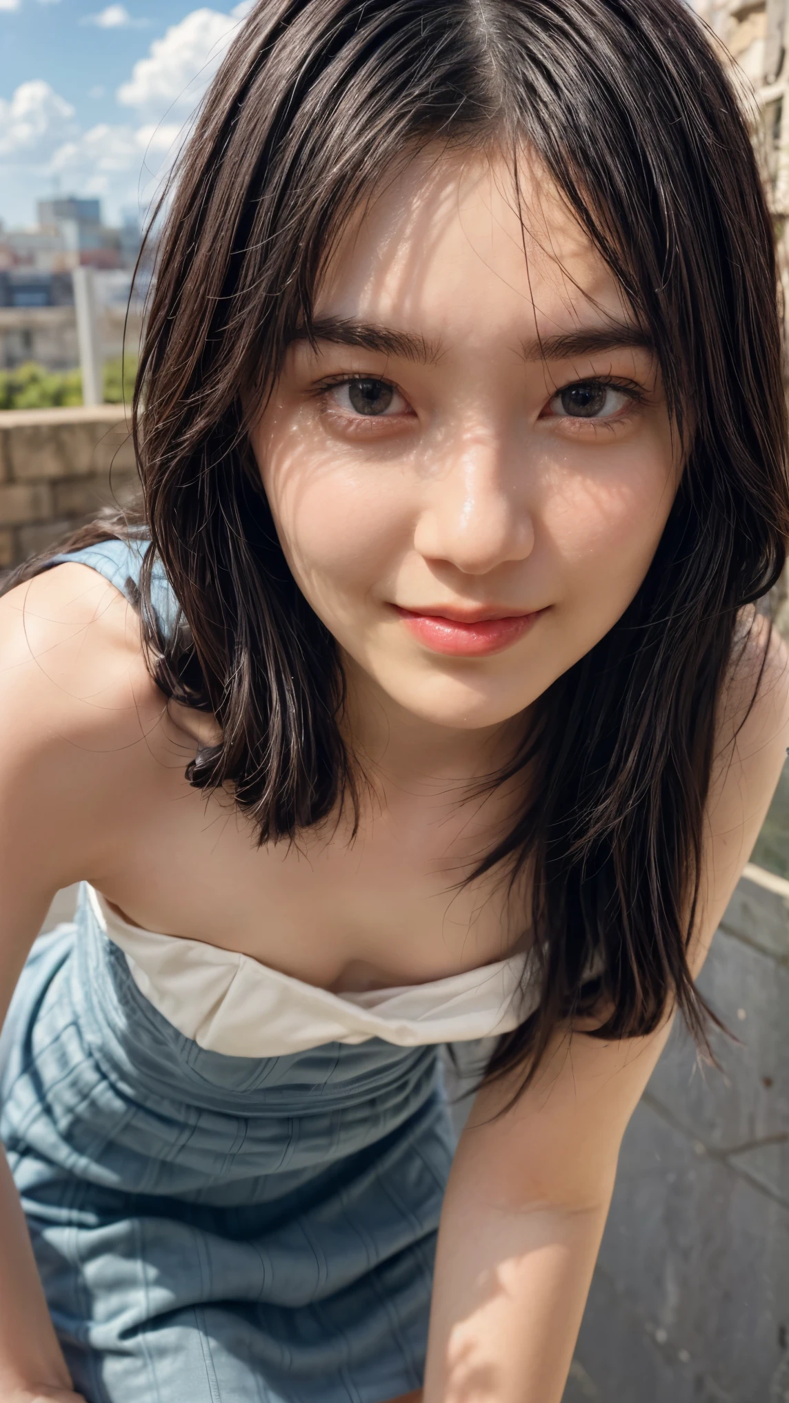 (high resolution photograph of a young Japanese female idol), (realistic, photo-realistic:1.37), (masterpiece, best quality), 8k, RAW photo, intricate details, extremely detailed, (sharp focus), cinematic lighting, gravure photography, portrait, solo, 1girl, (strapless dress, sleeveless:1.2), (face focus, close-up face, standing leaning forward, forward bending:1.5), (small breasts:1.3), dark hair, pale skin, (detailed face, detailed eyes, symmetrical eyes, beautiful pupils, sophisticated nose, smile),
photo background, outdoors, urban scape, daytime, sunny, blue sky and clouds,