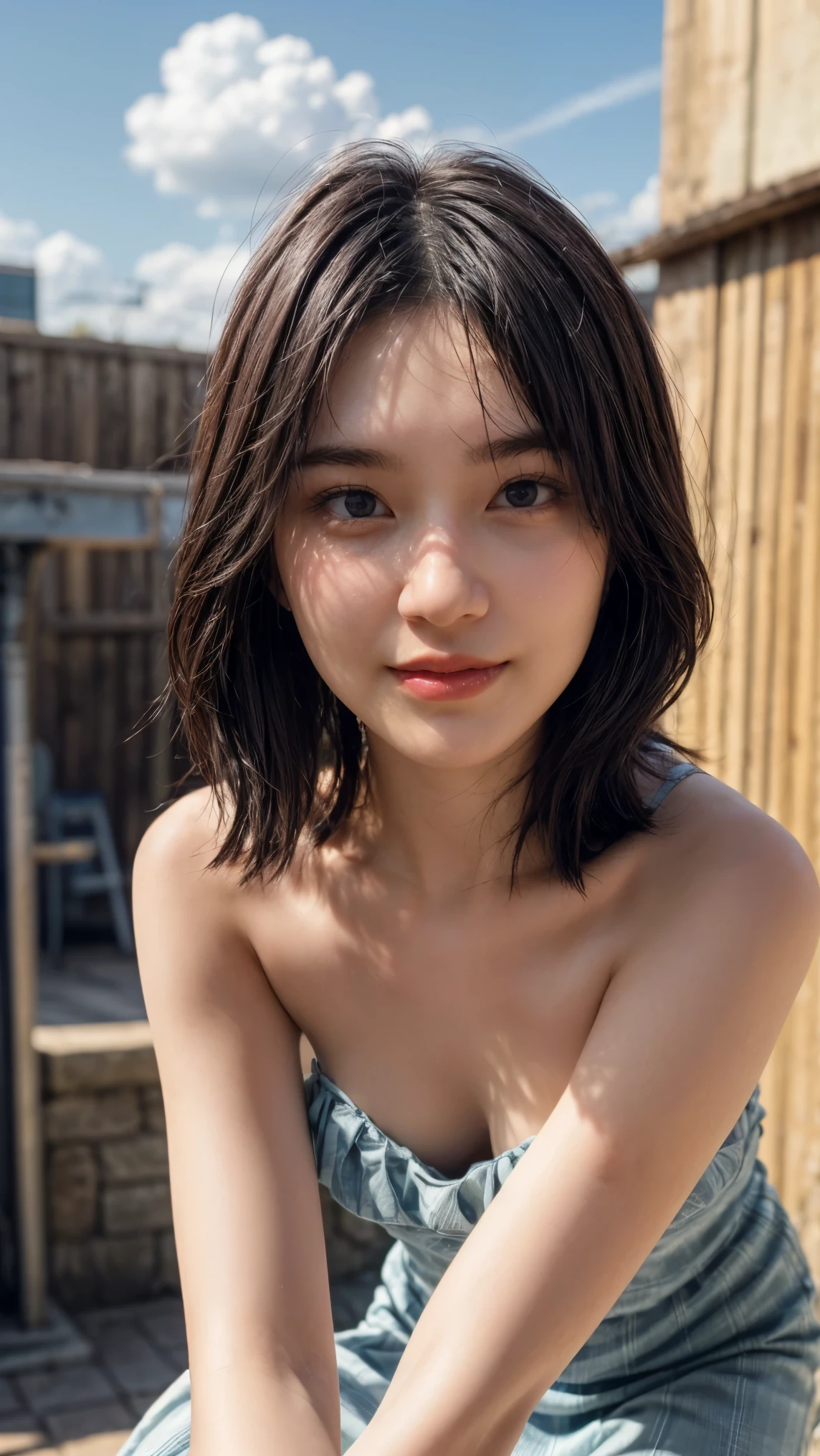 (high resolution photograph of a young Japanese female idol), (realistic, photo-realistic:1.37), (masterpiece, best quality), 8k, RAW photo, intricate details, extremely detailed, (sharp focus), cinematic lighting, gravure photography, portrait, solo, 1girl, (strapless dress, sleeveless:1.2), (face focus, close-up face, standing leaning forward, forward bending:1.5), (small breasts:1.3), dark hair, pale skin, (detailed face, detailed eyes, symmetrical eyes, beautiful pupils, sophisticated nose, smile),
photo background, outdoors, urban scape, daytime, sunny, blue sky and clouds,