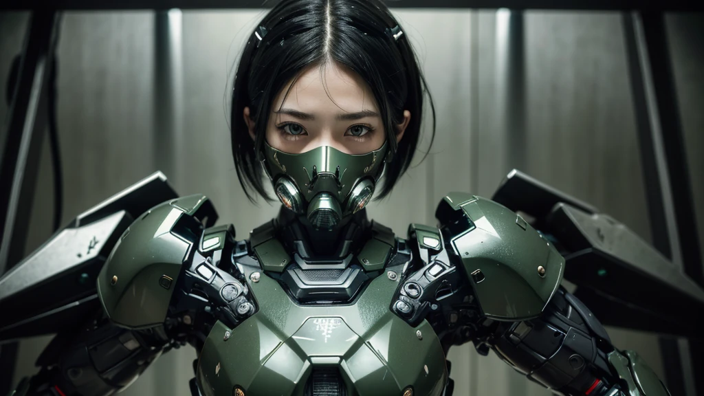 Textured skin, Very detailed, Attention to detail, high quality, 最high quality, High resolution, 1080P, hard disk, beautiful,(War Machine),beautifulサイボーグ女性,Mecha Cyborg Girl,BATTLE MODE,Girl with a mechanical body Black Hair Short Hair Boyish Dark green armor Soaked Face Change is over Met Off Steam coming out of the head whole bodyから湯気が吹き出す Feel the expression Please open your mouth wide Snug-fitting headgear Long Nozzle Gas Mask Holding a full-face helmet in your hand front whole body
