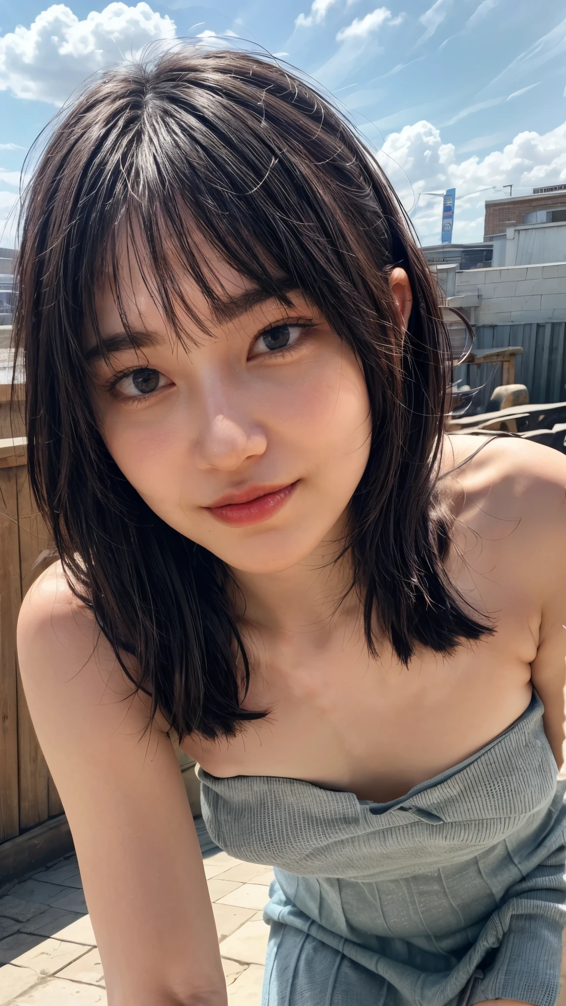 (high resolution photograph of a young Japanese female idol), (realistic, photo-realistic:1.37), (masterpiece, best quality), 8k, RAW photo, intricate details, extremely detailed, (sharp focus), cinematic lighting, gravure photography, portrait, solo, 1girl, (strapless dress, sleeveless:1.2), (face focus, close-up face, standing leaning forward, forward bending:1.5), (small breasts:1.3), dark hair, pale skin, (detailed face, detailed eyes, symmetrical eyes, beautiful pupils, sophisticated nose, smile),
photo background, outdoors, urban scape, daytime, sunny, blue sky and clouds,