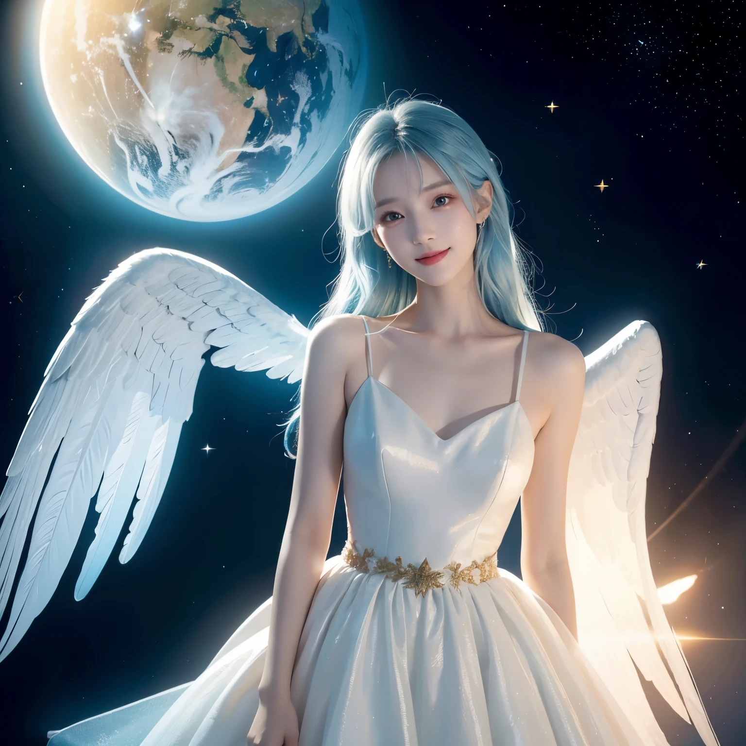  a woman, Cyan hair,  red eyes , Smile,  angel wings , Golden Halo,  white dress, standing upright , In outer space,  God's presence , Distant stars,  upper body