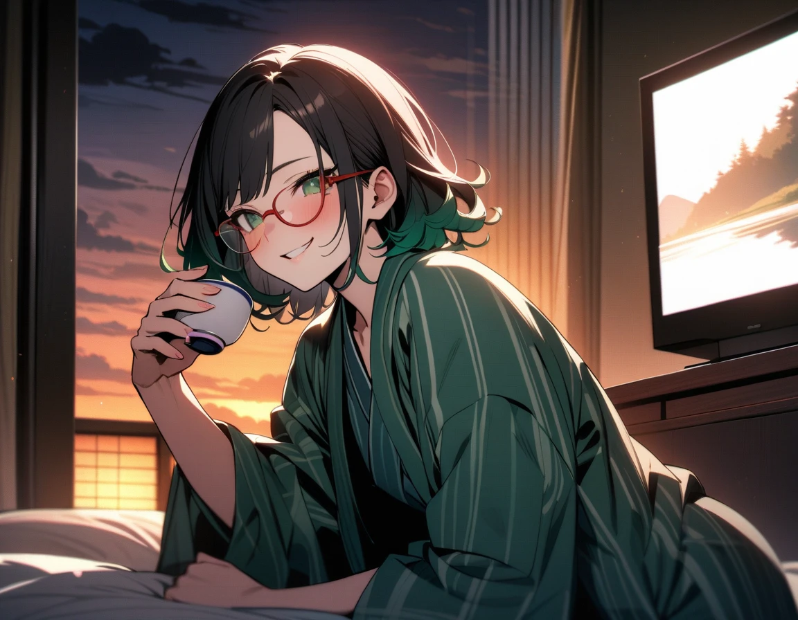 (masterpiece),(best quality),very aesthetic,(ultra-detailed),(super-fine illustration),nsfw,1girl,16yo,slender,tall,medium hair,black hair,natural wave hair,flipped hair,dark green eyes,(drunk:1.2),enjoyable,laughting,open mouth,happy,relaxing,glasses,breathing,dark green yukata with onsen symbol,(loose chest:0.7),untied,low table,japanese hotel room,on futon,television,inroom,window,Indirect lighting with beautiful wood grain,Outside is a sparsely lit country town scene,night,evening,japanese sake bottle,Indirect lighting with beautiful wood grain,japanese sake bottle,grabbing a sake cup,drinking sake,cowboy shot