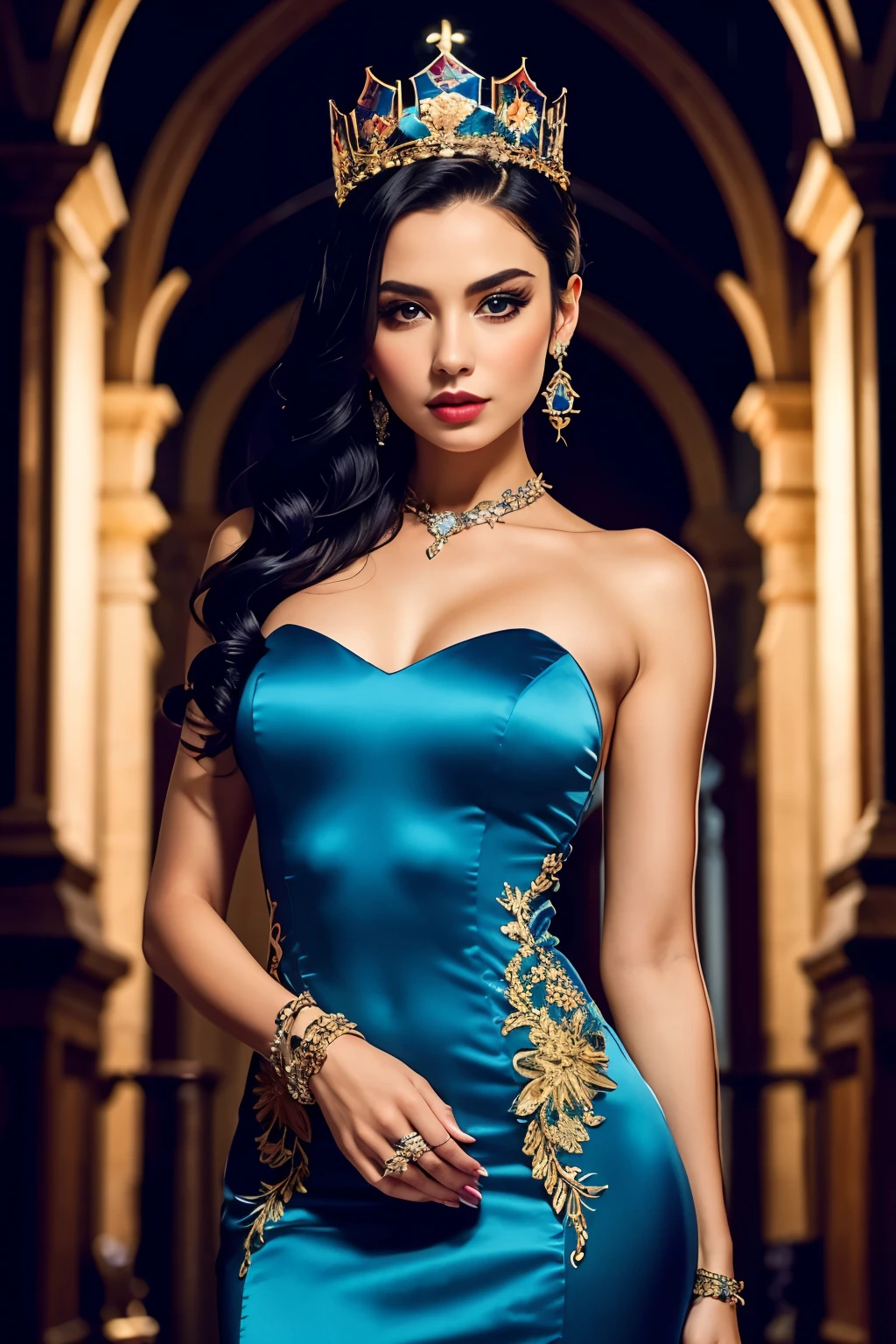 (Best quality,8K,A high resolution,Masterpiece:1.2, DSLR, 16k ),Ultra-detailed,(Realistic,Photorealistic,photo-realistic:1.37),Portrait, Creative style artwork, Historical, classical, Sophisticated, plethora of colors ,Highly detailed, Soft lighting, luxurious environment , there is young woman , girl wearing a blue silk classy royal dress, performing a music video, slim fit (oval perfect shape, asymmetrical face structure, perfect proportion, almond eye type, hazal eye color, detailed eyes, blue hair color, 32 inch breasts, hourglass figure, slim body, pale white skin tone ,sexy girl, 22 years old, soft wavy hair, looking away, attitude expression, professional makeup, pink lips)
