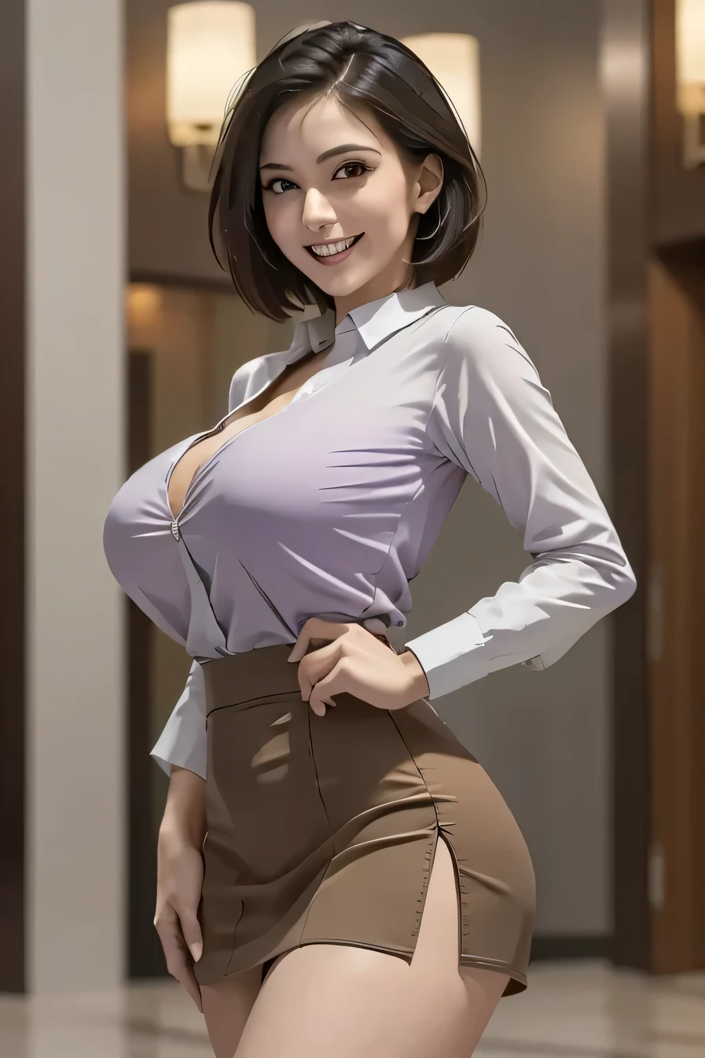 (masterpiece), ( best quality), (Realistic), ( Very detailed), (photoRealistic), (1. The Ultimate Beautiful Woman),  Very detailedな顔,  Beautiful Brown Eyes ,  double eyelids, Slightly thick detailed lip,  black short hair, (Grin,  beautiful alignment of teeth), (Light purple blouse), ( Red tight mini skirt ), (((Big Breasts))),  erotic,  sexual arousal, Thighs,  perfect lighting, ((background: Hotel Lobby)), (( cowboy shot))