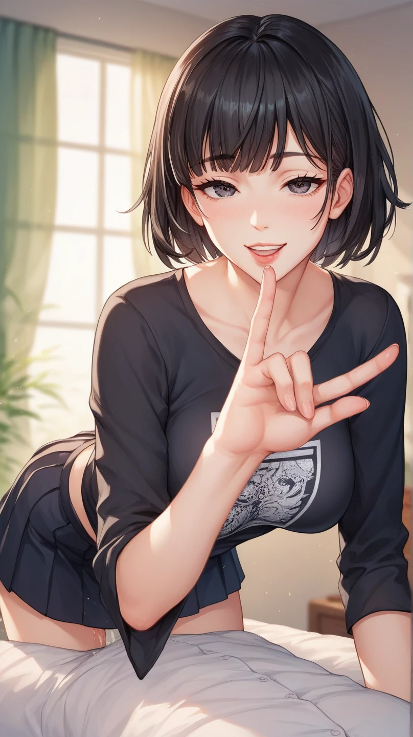 score_9, score_8_up, score_7_up, score_6_up, score_5_up, 
score_4_up,evaluation_explicit,source_ Anime
BREAK
Japanese woman ,  black hair, Mauve Eyes , round face,  short bob,  sexy, cool, Soft belly, Highlight ,  Beautiful fingers, Well-formed fingers, Thin eyebrows
BREAK
uniform ,  shirt,  skirt
BREAK
Expressions that make you feel pleasure,  happy expression,  has red cheeks, Soft look, A satisfied smile
BREAK
bedroom, 暗い
BREAK
doggystyle, sex,  One Man