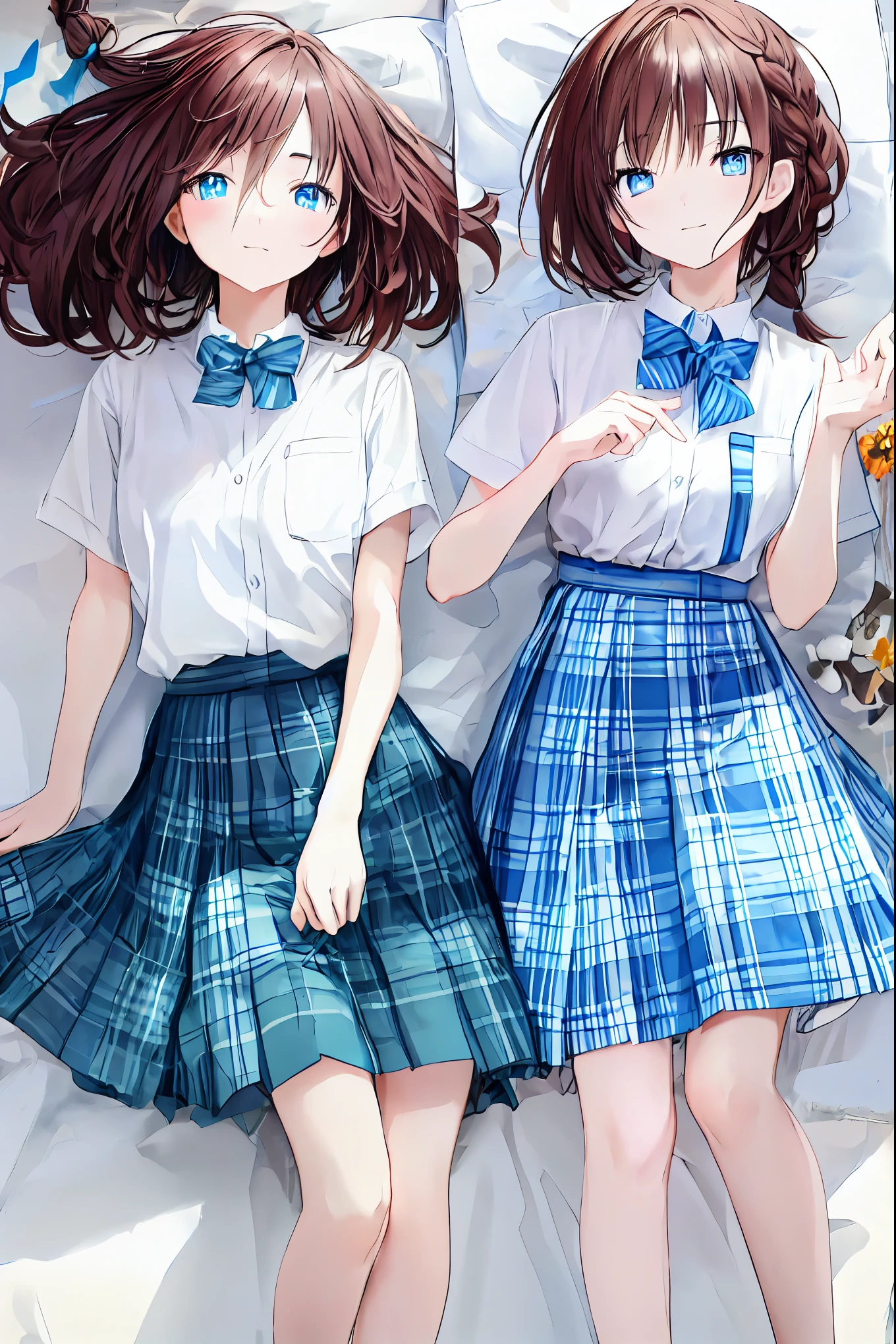 ( s), best quality, beautiful face down to the smallest detail,cute, dark brown eyes,(背の低いcute女の子,Young student,Young and delicate girl),(masterpiece, best quality), black hair, sleepy look after intercourse, short-sleeved white shirt,Checkered white skirt,Pathetic,Pathetic,Pathetic,Brown Hair, short cut , unkempt hair,Short braided hair,Neat, slender beautiful,Correct posture,Small chest, beautiful legs, their enchanting gray-blue eyes are shining like stars,Droopy eyes, bright color , beautiful eyes,A delicate smile,Textured Skin, best quality best , gentle and beautiful woman , anime style、