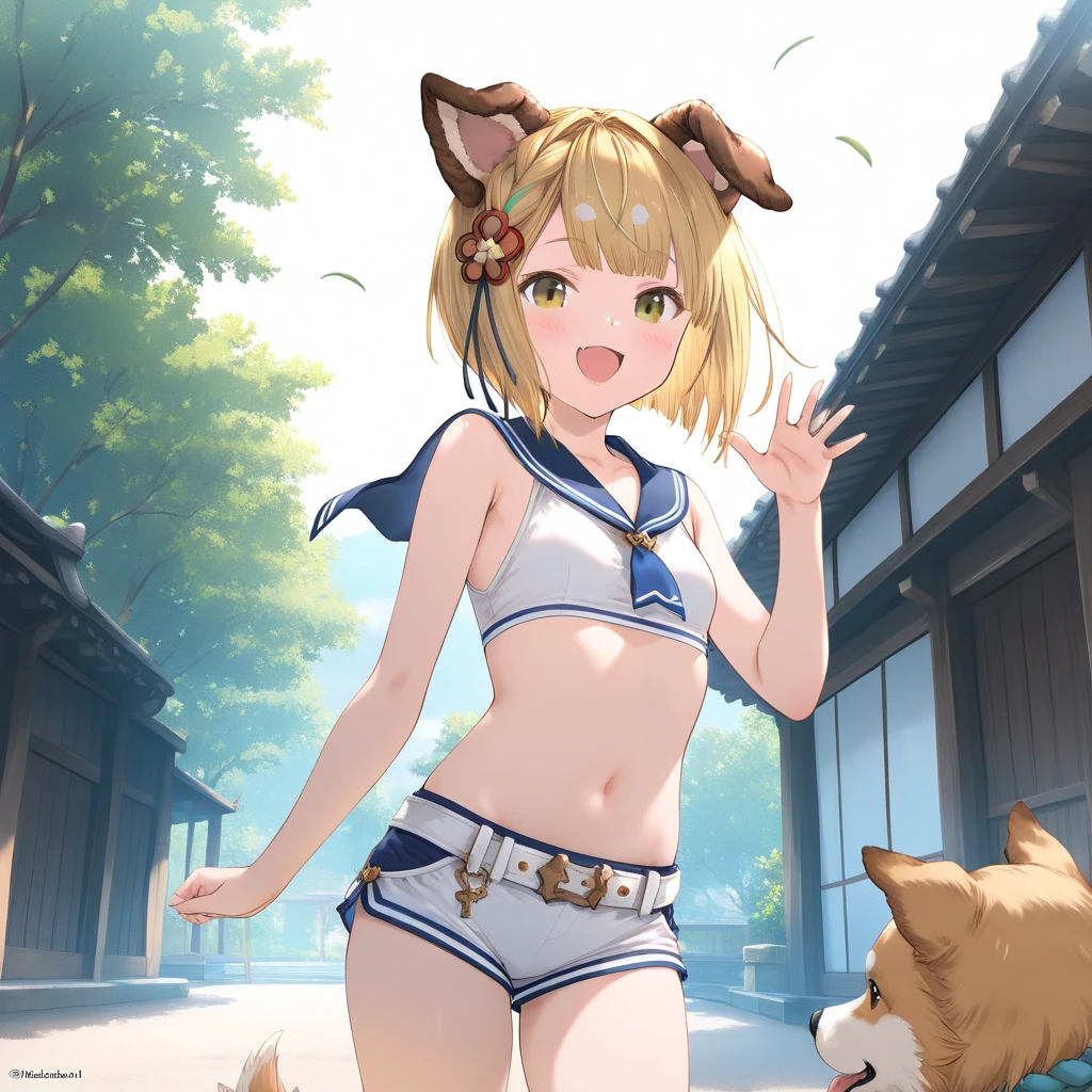 1girl, vajra_(granblue_fantasy), little female, tomboy,short hair, blonde hair, dog ears, brown eyes, beautiful detailed eyes, small breasts,sailor crop top, bikini shorts, white belt, open mouth,  (yawn:0.3),outdoors, wind, game CG break,((artist:shida_kazuhiro)),(artist:mitsumi_misato),(artist:fujiyama),,(masterpiece), (best quality), (ultra-detailed), very aesthetic, newest, beauty illustration,super detailed skin,  (masterpiece), (best quality), (ultra-detailed), very aesthetic lighting,hi res,absurd_res,2023,2024,(shaded),digital media (artwork), realistic lighting, 4k, 8k,