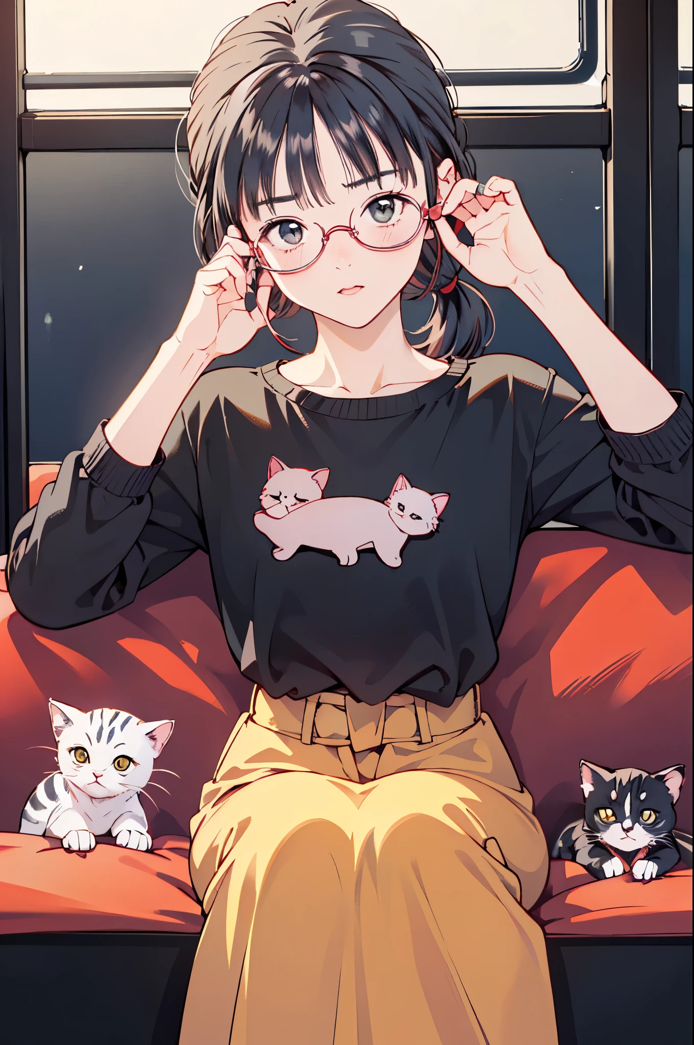 (8k、top-quality、masterpiece:1.2)、(Realistic、Ultra-detailed、 super A high resolution 、 1 girl,25 years,Beautifully detailed face, perfect body for a lawn,(( Long Black Hair 、Ponytail )),((evening)),narrow、( slim waist :1.3)、 beautiful detailed skin holding a kitten、 skin texture、Floating Hair、((daylight)),(( office lady holding kittens, sitting desk in the back seat of the bus,Wear red glasses,Knee)),,Full face blush,((evening))(( Upper Body Shots )) 、Holding a kitten、