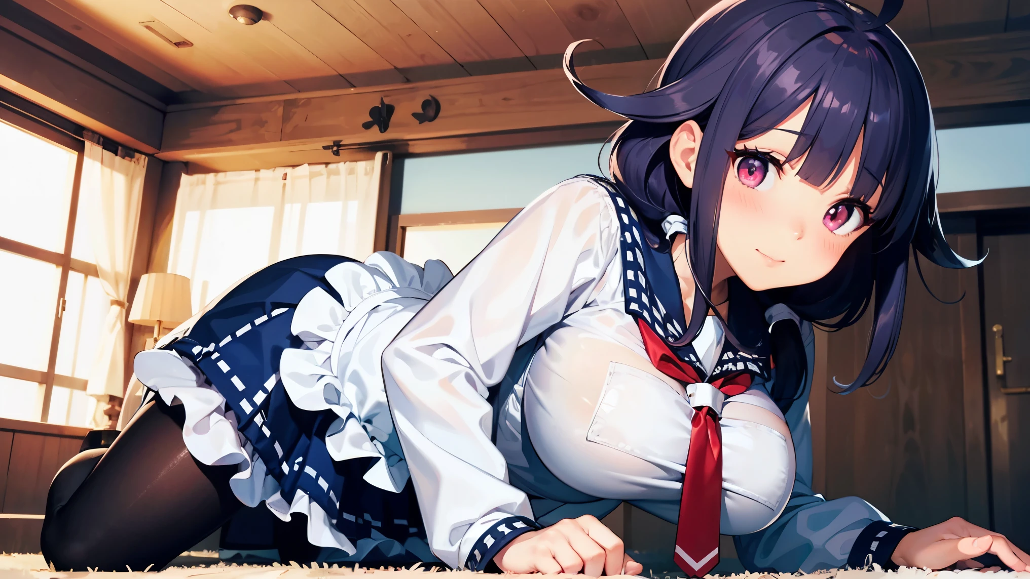 8k high resolution ( super detailed), masterpiece, ( best quality)　 animated illustration 　 detailed eyes on board,  detailed face 　 detailed hands 　Fine hair　 very elaborate body、 fine skin 　solo　 one girl 　 Kantai Collection _Big whale 　TaigeIKC　Red Eye　 sailor suit 　red neckerchief,  blue sailor color, White apron, Blue pleated skirt　 pantyhose 　(Big Breasts)　 see here　 embarrassed expression　corridor　(first round)　 on all fours　 Oblique View from Below