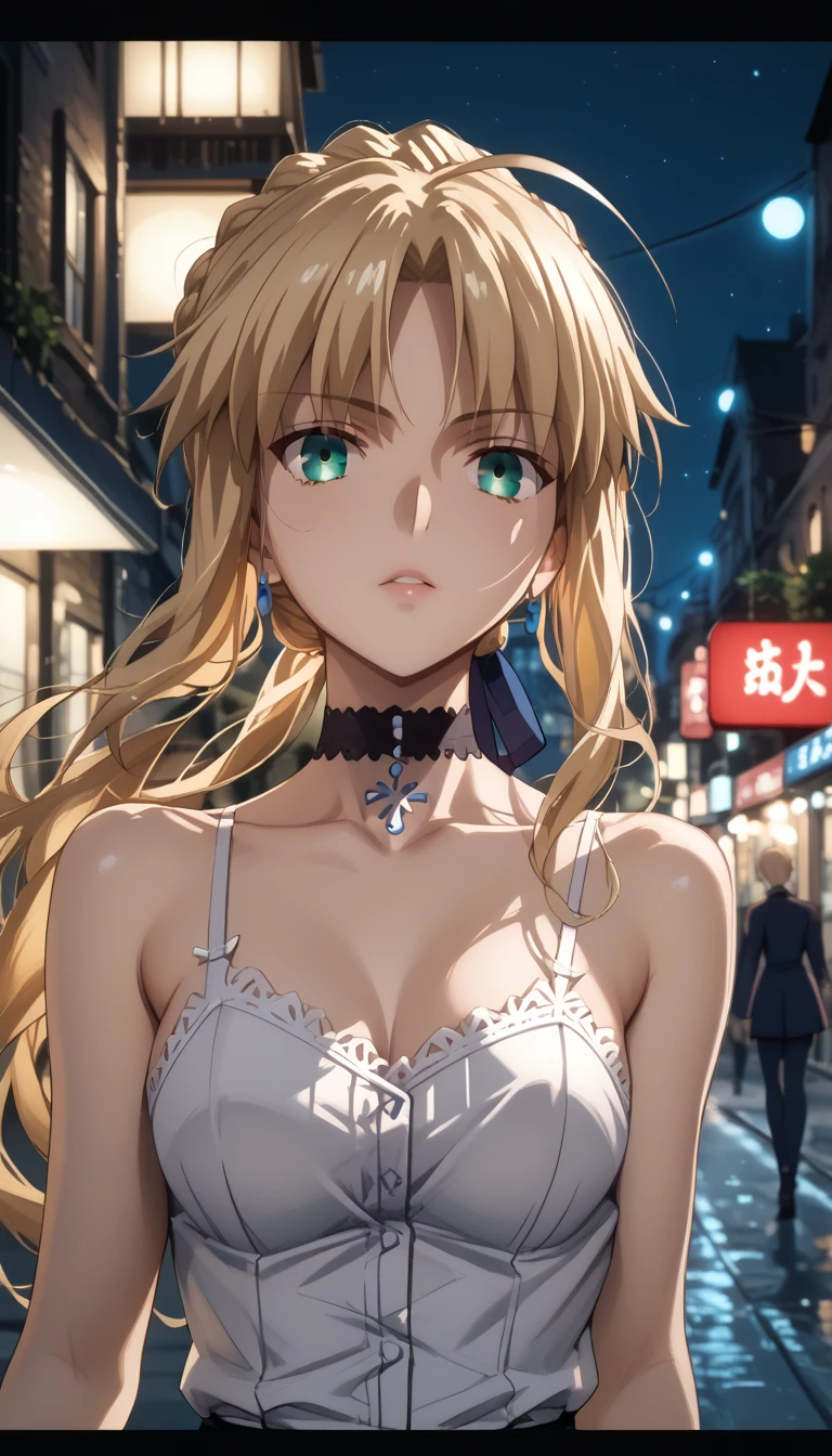 artoria pendragon with long, blonde hair and striking green eyes smiles warmly at the viewer. She wears a delicate, spaghetti-strapped white dress, and a black choker around her neck with a pendant. The background features a lively night scene with blurred figures and colorful lights, suggesting a vibrant urban atmosphere, artoria pendragon \(fate\), saber, blonde hair, green eyes, ahoge, sidelocks, collared shirt, long sleeves, black ribbon, neck ribbon, vertical-striped shirt, black corset, dark red skirt, pleated skirt, frilled skirt