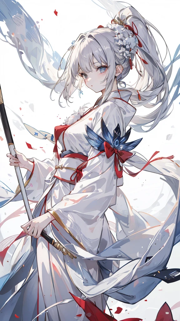Tsundere 18 year old girl, beautiful and delicate eyes, beautiful lips, very detailed 눈과 얼굴, long eyelashes, 1girl, white cat ears, foot long bag, Front view, Red-eye, (top quality, 4K, 8K, high resolution, masterpiece:1.2), very detailed, (realistic인, realistic인, realistic인, realistic인, realistic: 1.37), very large breasts, two japanese swords, elegant, fantasy, white background,holding a weapon, maid uniform,