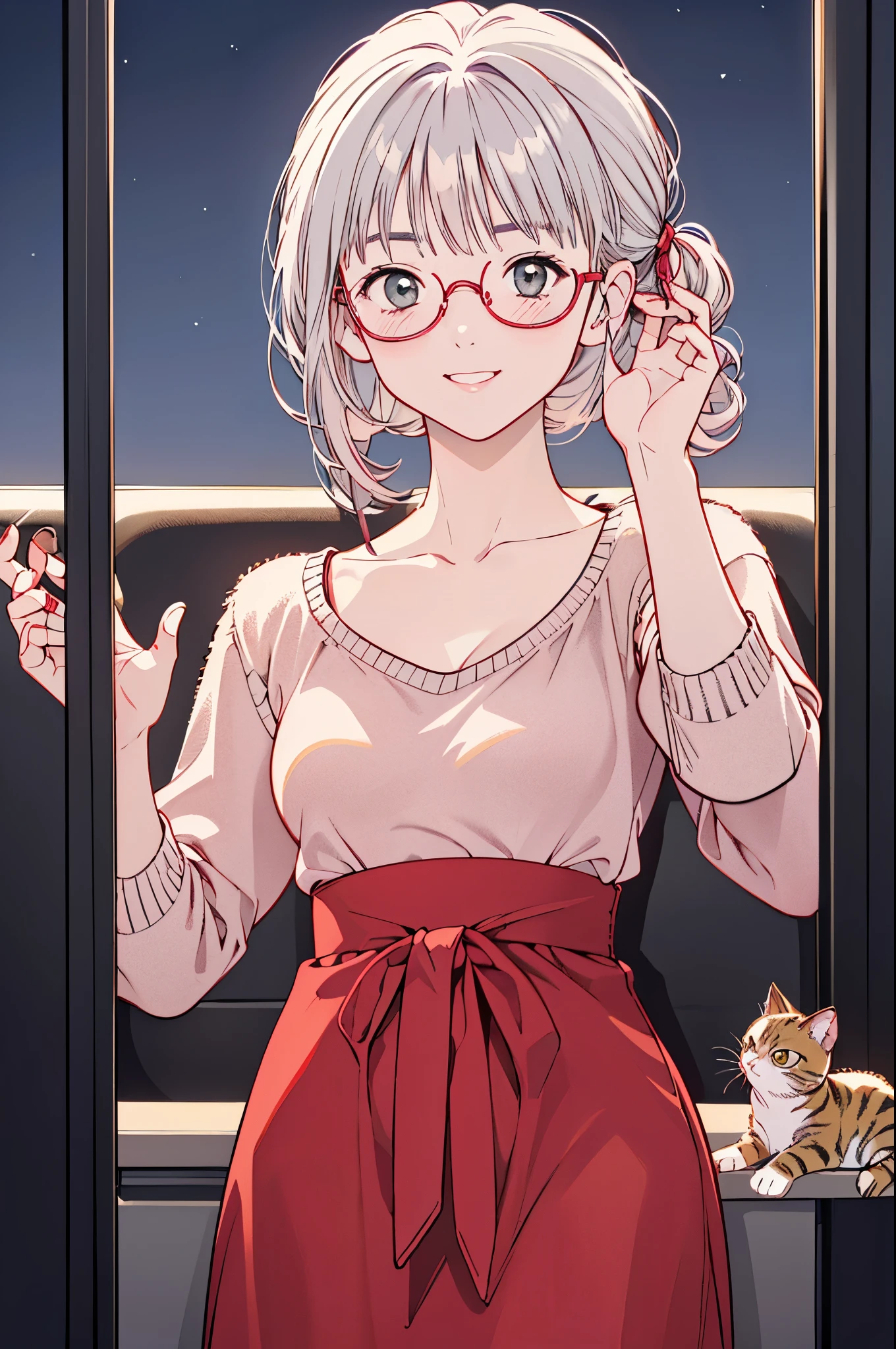 (8k、top-quality、masterpiece:1.2)、(Realistic、Ultra-detailed、 super A high resolution 、 1 girl, ,Beautifully detailed face, perfect body for a lawn,(( ponytails bleeding from the vagina、 Silver Hair)),((Daytime)),narrow、( slim waist :1.3)、 beautiful detailed skin holding a kitten、 skin texture、Floating Hair、((daylight)),(( office lady holding kittens, sitting desk in the back seat of the bus,Wear red glasses )),,Full face blush,((evening))(( Upper Body Shots )) 、Holding a kitten、 smiles、