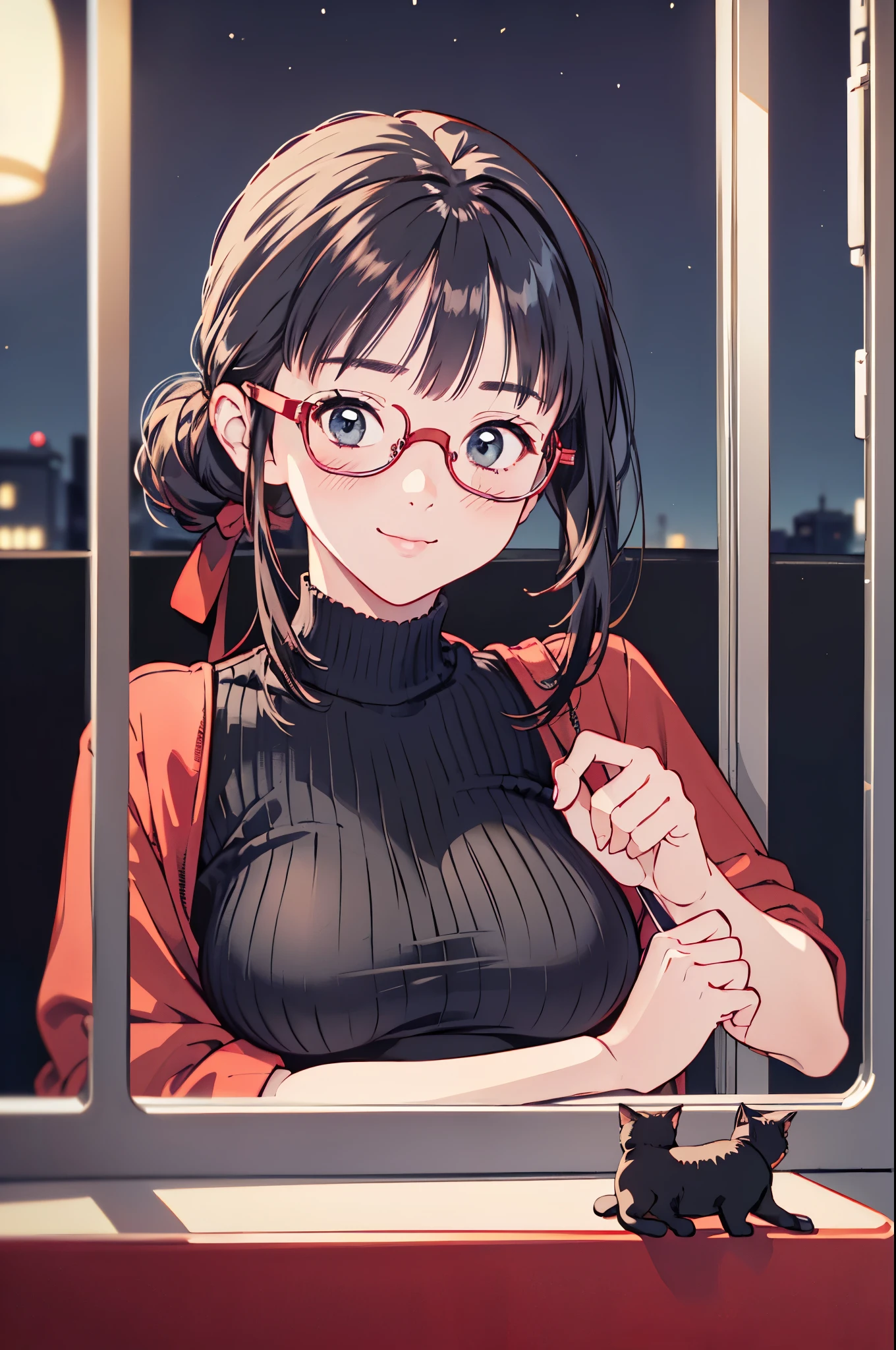 (8k、top-quality、masterpiece:1.2)、(Realistic、Ultra-detailed、 super A high resolution 、 1 girl, Big Breasts ,Beautifully detailed face, perfect body for a lawn,(( Long Black Hair 、Ponytail )),((evening)),narrow、( slim waist :1.3)、 beautiful detailed skin holding a kitten、 skin texture、Floating Hair、((daylight)),(( office lady holding kittens, sitting desk in the back seat of the bus,Wear red glasses,Knee)),,Full face blush,((at night)) ,(( Upper Body Shots )) 、Holding a kitten、Smiling gently、