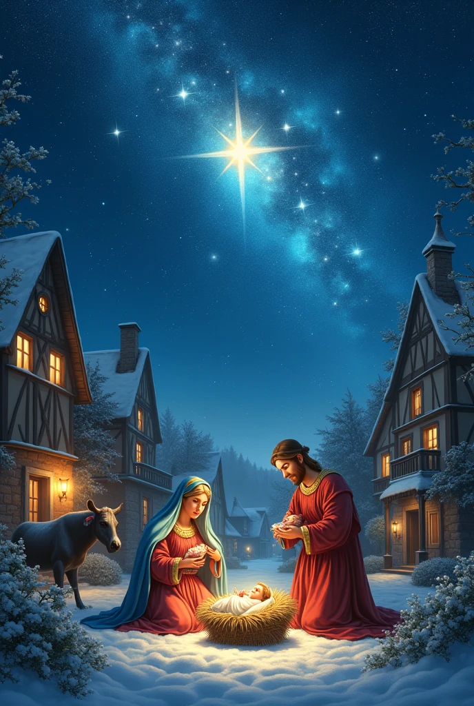 (absurdres, highres, ultra detailed), 1 female, 1baby, Mary mother of Jesus, with a long and beautiful dress, night sky with a very bright star, northern lights, grass on the ground, old house with a bonfire, (((Mary with baby Jesus in her arms))),