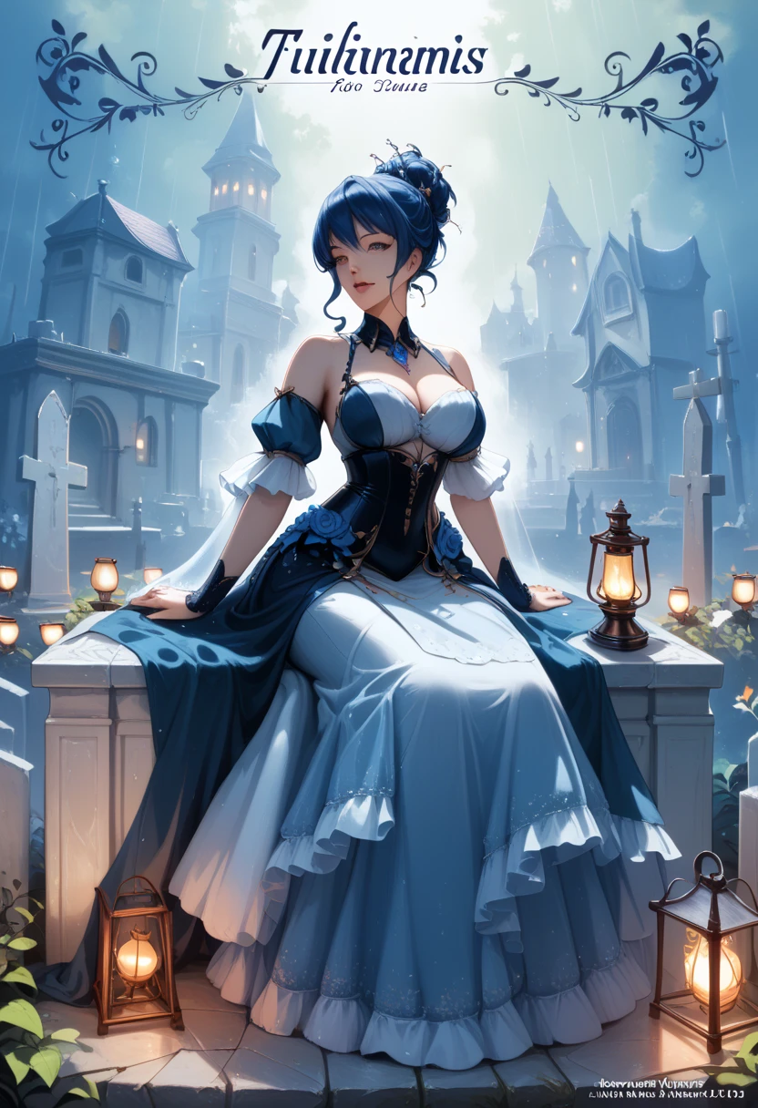 (extremely detailed CG unity 8k wallpaper), a beautiful young woman in the rain, dress, sitting, graveyard with lanterns, Style-Empire, (Style-Glass), (((surrealism))), full_body_shot, dramatic, backlit, light rays, volumetric lighting, detailed face, highly detailed, painting,Front cover of a women's cooking magazine, text, diagrams, advertisements, magazine title,