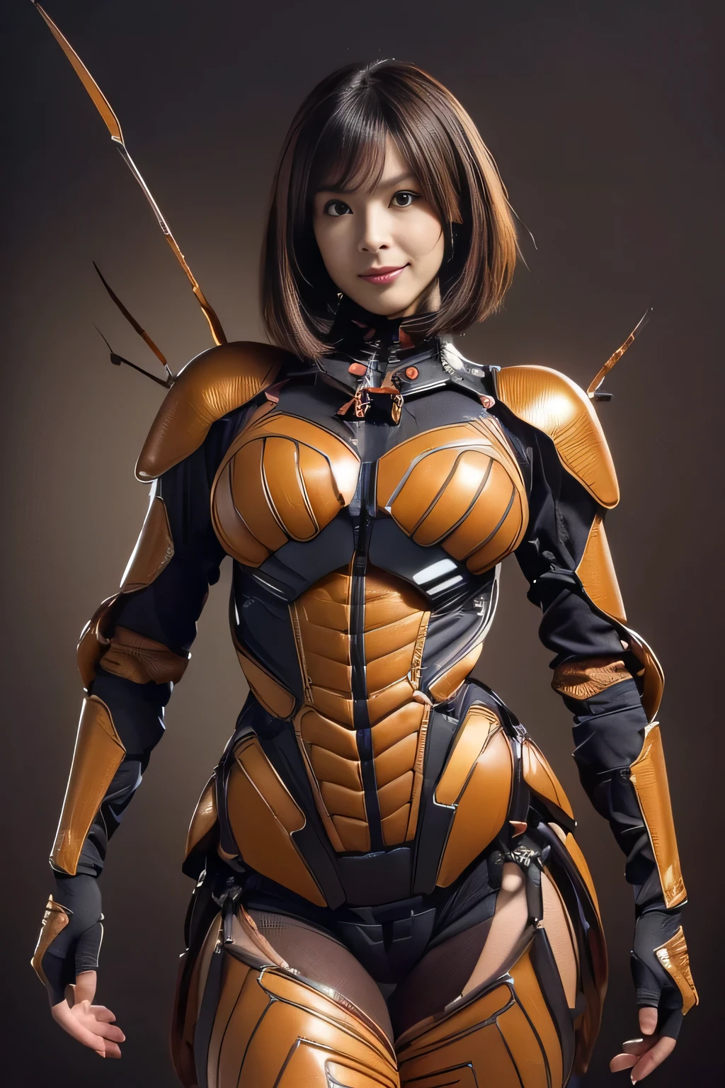 (high resolution,masterpiece,best quality,extremely detailed CG, anime, official art:1.4), realistic, photo, amazing fine details, all intricate, gloss and shiny,awesome many layers, 8k wall paper, 3d, sketch, kawaii, illustration,( solo:1.4), perfect female proportion,villainess, (fusion of dark brown cockroach and lady:1.4), (brown cockroach form lady:1.2), (brown cockroach lady:1.2), (fusion:1.2), (solo:1.4), (evil smile:1.2), muscular, abs, (cockroach brown exoskeleton bio insect suit:1.4), (cockroach brown exoskeleton bio insect armor:1.2), (brown transparency cockroach wing:1.4), (brown cockroach antennae:1.3),