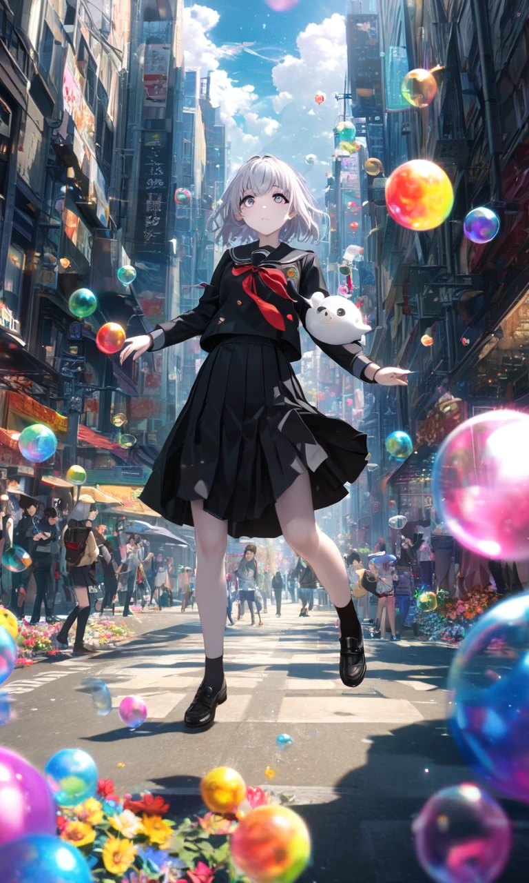 (woman\(student, 20-year-old, ＪＫ, Short silver hair floating, Space-colored eyes, school black uniform, Pale skin) Looking up at the sky), (A large glass-colored whale swims in the air), Beautiful sky, Beautiful Clouds, Colorful summer flowers are blooming everywhere., (Transparent bubbles shine like prisms here and there in the sky), There is a noon moon and a noon star in the sky, In a crowded downtown, break ,quality\(8k,Highly detailed CG unit wallpaper, masterpiece,High resolution,top-quality,top-quality real texture skin,Surreal,Increase the resolution,RAW Photos,highest quality,Very detailed,wallpaper,Cinema Lighting,Ray-tracing,Golden Ratio\),(Long Shot),Wide Shot,