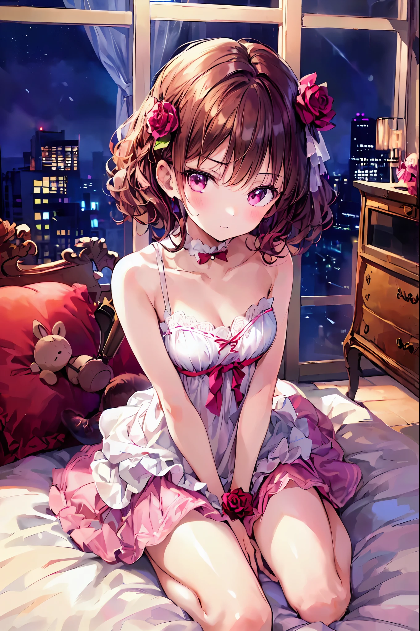 Late night bedroom、electric light、ベッドで仰向けに寝ている  brown hairの美しい女の子、、the above、  beautiful girl with brown hair sleeping on her back in a 、Amber lighting、  embarrassed face  、  Very detailed,   ultra high resolution ,  、(  best qualityのイラスト:1.2), (cute girl:1.1), (  1 girl, Alone:1.5), (  1 girl、、 Like 、One Pose、cute、  Super halo resolution  、((  1 girl、Alone)), (  best qualityのイラスト:1.2), (cute girl:1.1), (  small breasts、  super detailedな目:1.2)、  brown hair、  Short Hair  、  wavy hair、Curly hair、 Rose Tails 、break(  best quality、  super detailed、  Very detailedで美しい、   ultra high resolution、  Detailed Weapons :1.2)