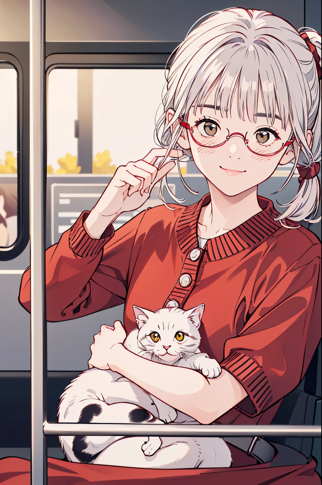 (8k、top-quality、masterpiece:1.2)、(Realistic、Ultra-detailed、 super A high resolution 、 1 girl, ,Beautifully detailed face, perfect body for a lawn,(( ponytails bleeding from the vagina、 Silver Hair)),((Daytime)),narrow、( slim waist :1.3)、 beautiful detailed skin holding a kitten、 skin texture、Floating Hair、((daylight)),(( office lady holding kittens, sitting desk in the back seat of the bus,Wear red glasses )),,Full face blush,((Midnight)) ,(( Upper Body Shots )) ,(Holding a kitten)、 smiling gently 、