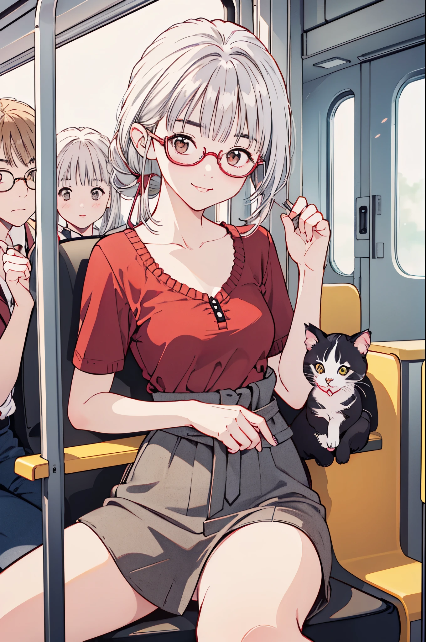 (8k、top-quality、​masterpiece:1.2)、(Realistic、Ultra-detailed、 super A high resolution 、 1 girl, ,Beautifully detailed face, perfect body for a lawn,((  ponytails bleeding from the vagina、 Silver Hair)),((Daytime)),narrow、( slim waist  :1.3)、 beautiful detailed skin holding a kitten、 skin texture、Floating Hair、((daylight)),(( office lady holding kittens,  sitting desk in the back seat of the bus,Wear red glasses )),,Full face blush,((morning ))  ,(Holding a kitten)、 smiling gently 、