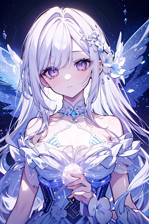 1 person、Mature、Ample breasts、Long Hair、White Hair、Straight hair、Trimmed bangs、White skin、Purple Eyes、Long eyelashes、White Dress、necklace、bracelet、Jewelry decoration、Ballerina Decoration、in the forest、Night Forest、mysterious、Earrings、Angel Wings、Fleeting、Transparency、Diva、Open Mouth、Diva、Blue light、High resolution、Highest quality