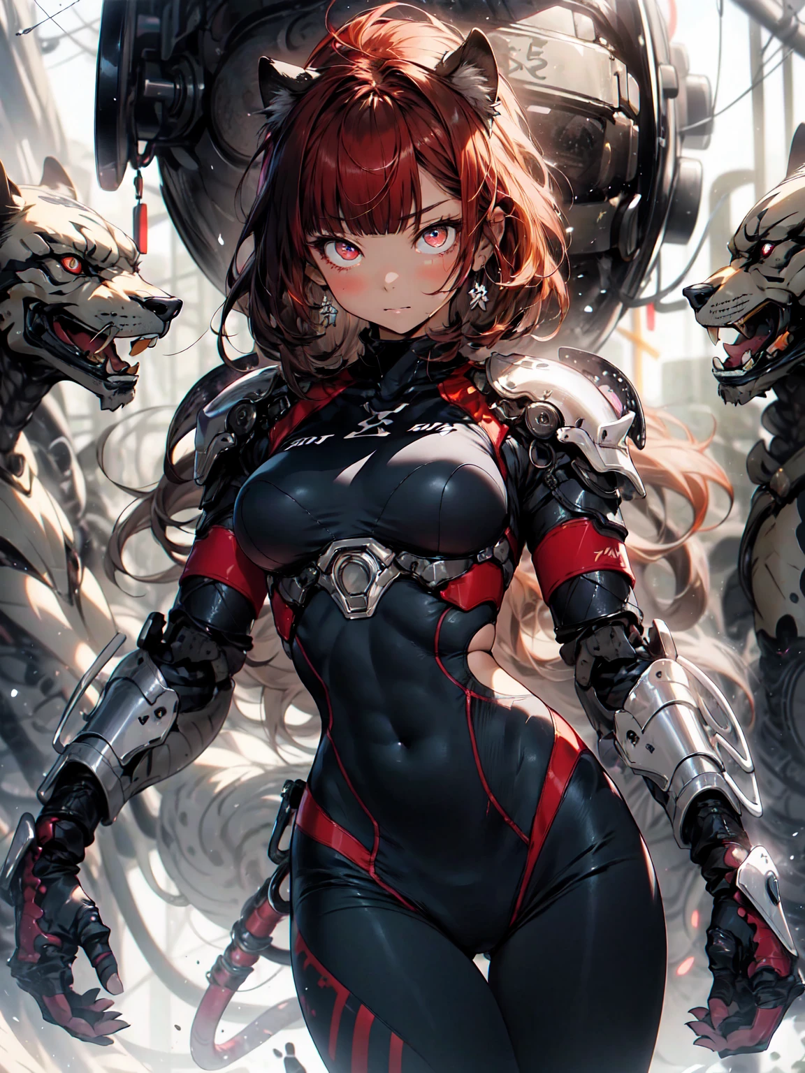 Be realistic、（masterpiece、 best quality、 best quality、 Very detailed、 fractal art、Most detailed、（Abstract Background：1.5）（1 Girl）、Kamimei、（ redhead wolf hair）、（puppet、Red eyes glow、 dull bangs、Big Breasts、 Tight Abs 、Stunned）、 crystals、Black competition swimsuit、 high leg、Sexy、Machine Armor、 tanned skin、irritated eyes 、Left facing