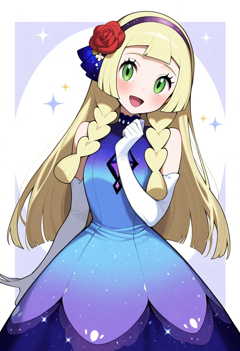 sparkle, 1girl, blonde hair, green eyes, long hair, twin braids, open mouth, braid, :d, eyelashes, blush, hair flower, tongue, blunt bangs, dress, elbow gloves, gloves, hairband, hair ornament, purple dress, blue dress, sleeveless, sleeveless dress, looking at viewer, head tilt, standing, flower, red rose, rose, official alternate costume, solo, pokemon, border, white background, lillie (pokemon), smile, white gloves, white border, purple hairband, red flower, strap, sfw, masterpiece, best quality, very aesthetic, absurdres