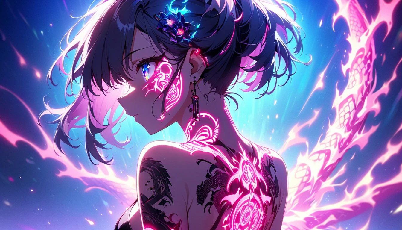  cyberpunk、A girl is decorated with thick anime art illustrations, glowing neon dragon tattoos on her body and face。The tattoo on his back   、Neon flashing、 The scene is dreamy , soft-focus effect that accentuates the brilliance of the tattoo.