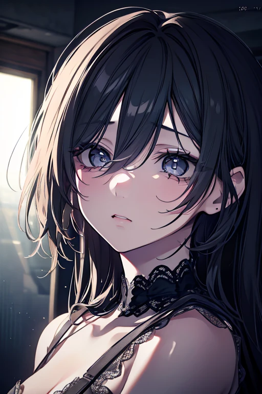 (sadness:1.2),(Nostalgia:1.1),Beautiful, Exquisite shadow puppetry, Tears flowed gently down her face, Dark and long hair, Dark and dramatic background, Feeling crying, An expression full of strong emotions. Tied up in a dimly lit room