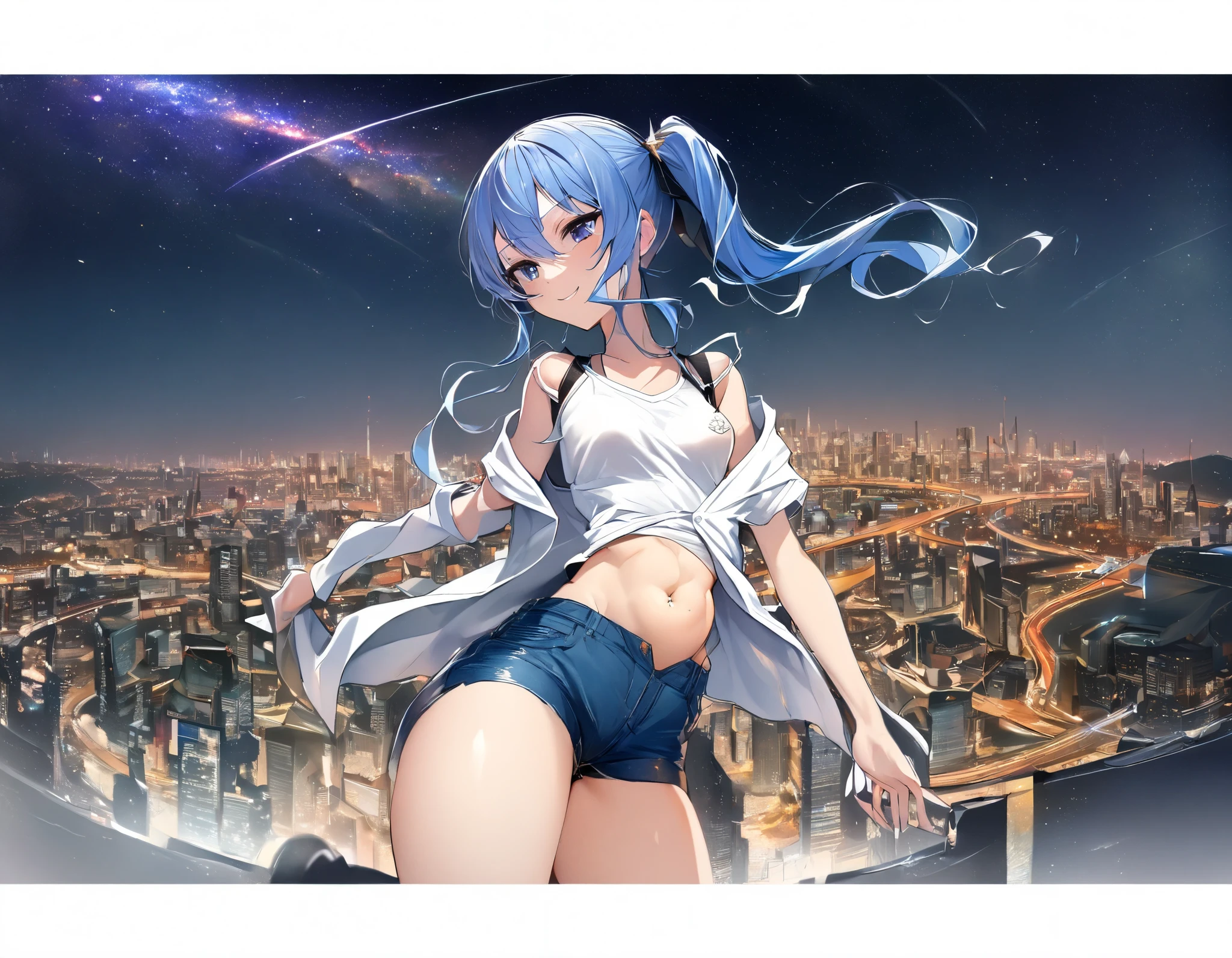 (8k、Best image quality、highest quality)、Detailed face、 1teen_girl、Blue Hair、Long Hair、sideponytail、dark_blue_eyes、smile,(peek_navel:0.7),(small_breasts:0.8),(White_T-shirt:1.3)、Off_shoulder、Black shoulder straps、(open_front_shorts,denim_short_shorts:1.2)、City Background, starry_sky_landscape ,hoshimachi suisei, (belly_button:1.2),nihil,solo,stargaze,girl_looking_up_sky,slender,solo,boots,abs, tight_waist, point_to_sky,slender_thighs,knees