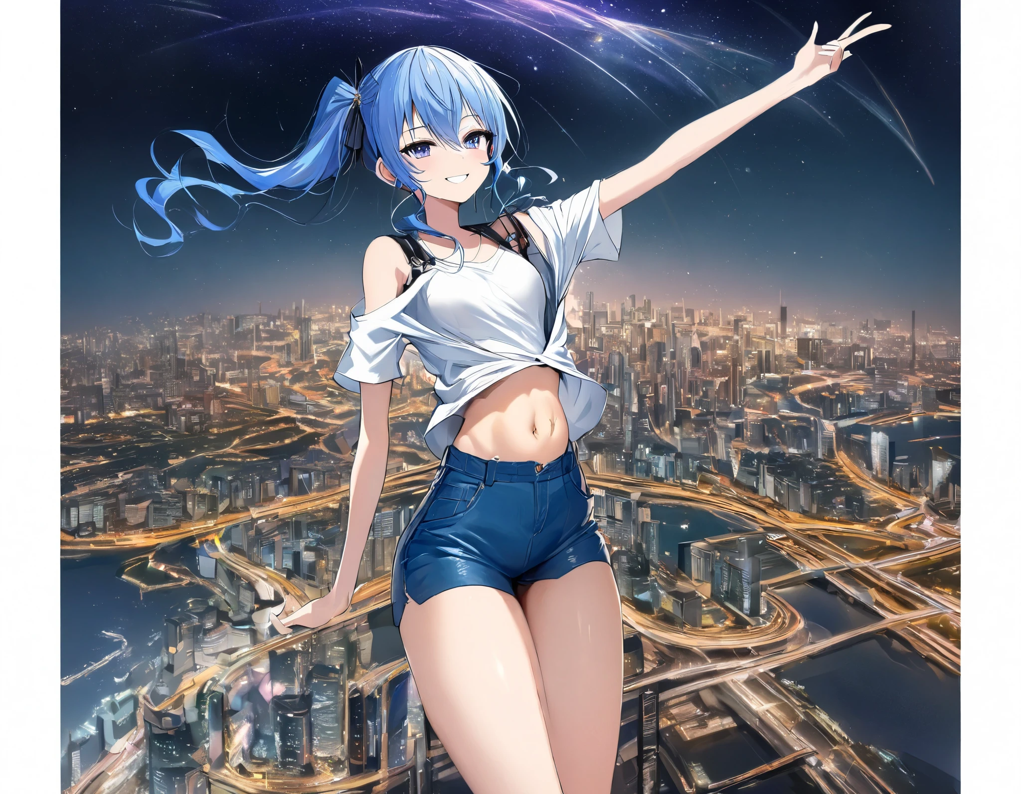 (8k、Best image quality、highest quality)、Detailed face、 1teen_girl、Blue Hair、Long Hair、sideponytail、dark_blue_eyes、smile,(peek_navel:0.7),(small_breasts:0.8),(White_T-shirt:1.3)、Off_shoulder、Black shoulder straps、(open_front_shorts,denim_short_shorts:1.2)、City Background, starry_sky_landscape ,hoshimachi suisei, (belly_button:1.2),nihil,solo,stargaze,girl_looking_up_sky,slender,solo,boots,abs, tight_waist, point_to_sky,slender_thighs,knees