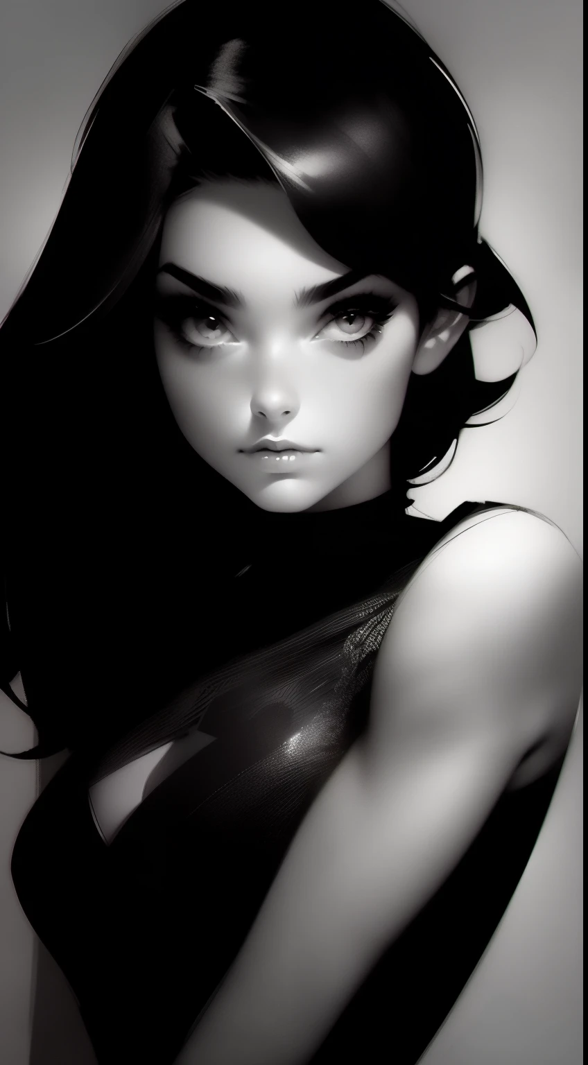 Beautiful 20yr old girl, detailed, muscular, short black dress with peter pan collar, female femme dessin, simple, Noir et blanc, black and white ink, looking at viewer.