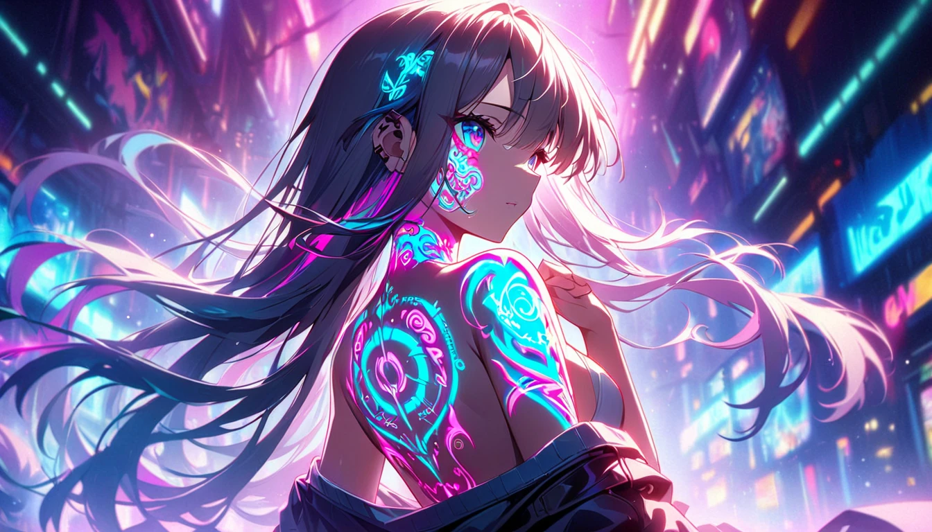  cyberpunk、A girl is decorated with thick anime art illustrations, glowing neon dragon tattoos on her body and face。The tattoo on his back   、Neon flashing、 The scene is dreamy , soft-focus effect that accentuates the brilliance of the tattoo.