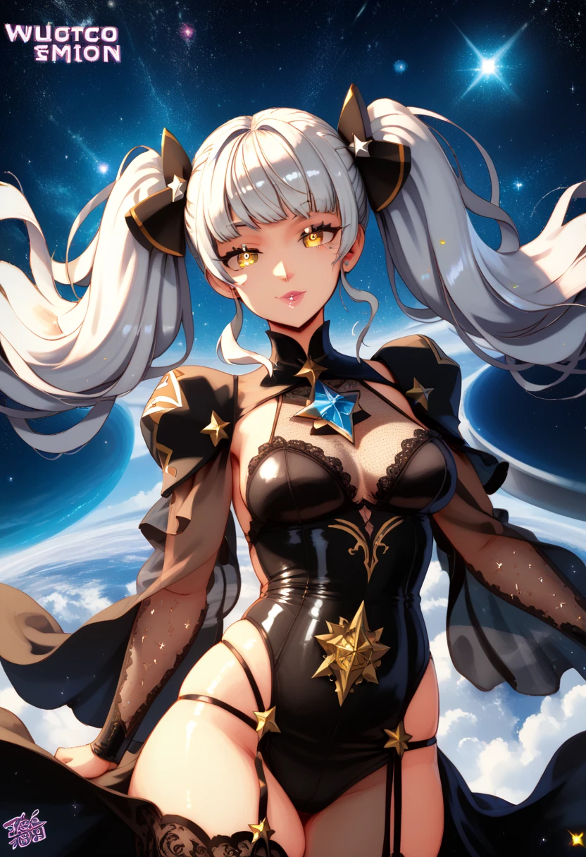 absurdres ,masterpiece, HQ, 4k, HDR, best quality, 1girl at center screen with beautifulface, white_hair. (black costume:1.2),deep dark, bangs, breasts, eyebrows_visible_through_hair, hair_ornament, light_particles, long_hair, looking_at_viewer, medium_breasts, dune surface, solo, space, star_(sky), starry_sky, twintails, very_long_hair, yellow_eyes,  transparent, see-through,(Background_Giedi_Prime_Dune:1.0), (innocent face:1.1),  beautiful eyes, volumetric lighting, real shadows.