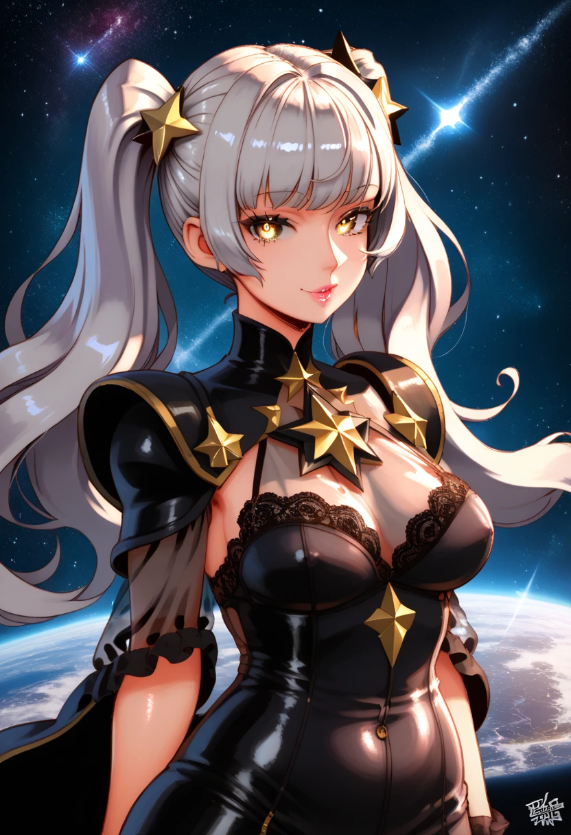 absurdres ,masterpiece, HQ, 4k, HDR, best quality, 1girl at center screen with beautifulface, white_hair. (black costume:1.2),deep dark, bangs, breasts, eyebrows_visible_through_hair, hair_ornament, light_particles, long_hair, looking_at_viewer, medium_breasts, dune surface, solo, space, star_(sky), starry_sky, twintails, very_long_hair, yellow_eyes,  transparent, see-through,(Background_Giedi_Prime_Dune:1.0), (innocent face:1.1),  beautiful eyes, volumetric lighting, real shadows.