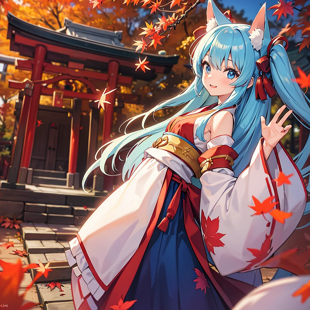 shrine maiden costume, 1girl, solo, autumn sky, autumn leaves, Kyoto, light blue hair, long hair, light blue eyes, fox spirit, flat chest, slim figure, smile, perfect anatomy