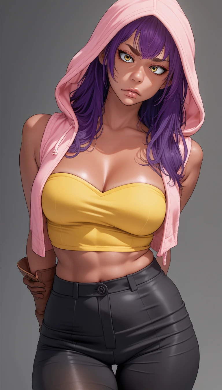 Hentai anime,hentai artist,masterpiece, best quality, ,oily skin,RUKIA Style, sleeveless pink hoodie with an open front,hood up, strapless yellow crop top that features subtle red detailing along the cleavage,dark blue pencil skirt  , sheer black tights underneath,Accessories include brown gloves that extend to her forearms and a pair of goggles resting on her head, adding a rugged yet stylish touch, The ensemble exudes a mix of practicality and flair, purple hair,(pink lips:0.7), yellow eyes,tanned skin,long hair, arms behind back