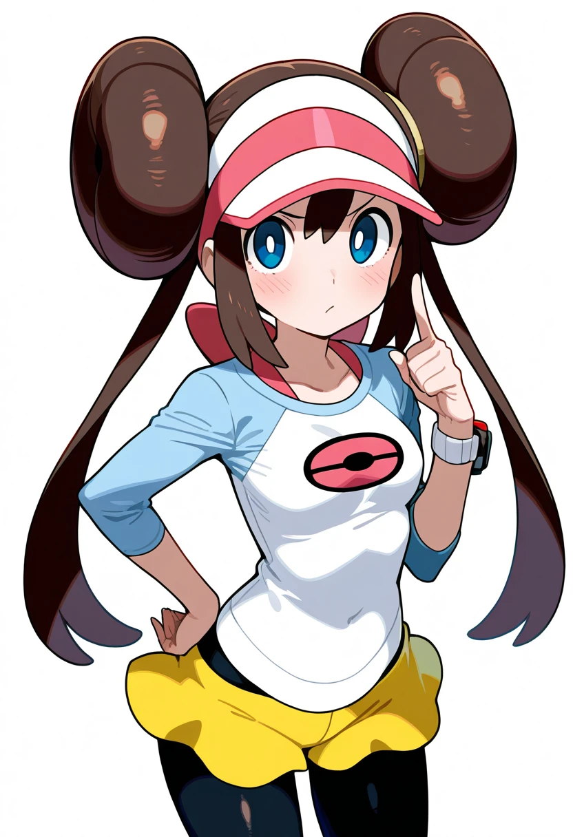 1girl, brown hair, hair bun, twintails, double bun, long hair, blush, white pupils, index finger raised, blue eyes, doughnut hair bun, breasts, small breasts, v-shaped eyebrows, pantyhose, visor cap, shorts, raglan sleeves, pantyhose under shorts, shirt, short shorts, watch, sleeves past elbows, looking at viewer, standing, bow, solo, pokemon, white background, simple background, cowboy shot, rosa (pokemon), yellow shorts, black pantyhose, closed mouth, bright pupils, hand up, pink bow, wristwatch, white shirt, sfw, masterpiece, best quality, very aesthetic, absurdres