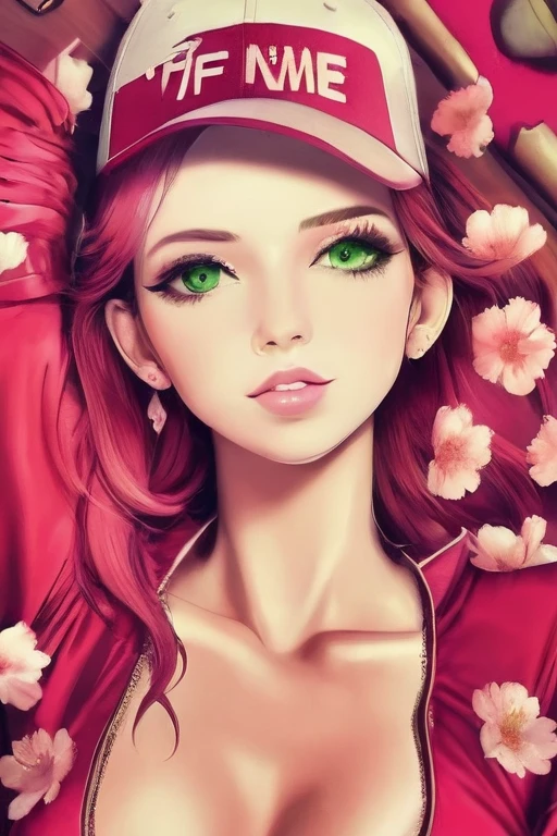 young woman, porcelain skin, short bubblegum pink hair, big red lips, big green eyes, pink eyebrows, smile, looking at camera, red clothes, Sakura Haruno, 3d, realism
