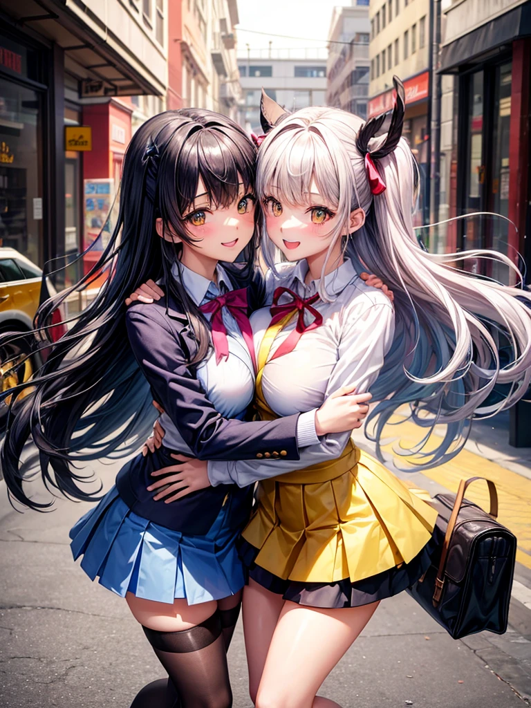 best quality,8K,smile,blazer,20 girls,ribbon on uniform,chool Graduation Ceremony,middle School girls,Girl groupultiple girls are depicted,Harem,idol group,photo shoot,long hair,wearing a cardigan,highest quality,big breasts,happy girl,horny girl,yellow eyes,perfect face,standing position,girls hugging each other,letting down one's bangs,beautiful eyes,corridor,girls hugging each other,smooth hair,multicolored hair colors,naughty girl,beautiful girl,beautiful girl,loose socks