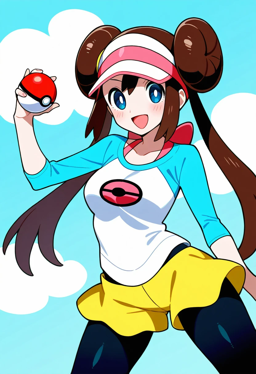 1girl, brown hair, double bun, hair bun, twintails, open mouth, long hair, blue eyes, :d, breasts, blush, white pupils, doughnut hair bun, collarbone, pantyhose, visor cap, raglan sleeves, shorts, shirt, pantyhose under shorts, looking at viewer, poke ball, bow, solo, holding, poke ball (basic), holding poke ball, smile, black pantyhose, rosa (pokemon), yellow shorts, bright pupils, sky, poke ball print, cloud, hand up