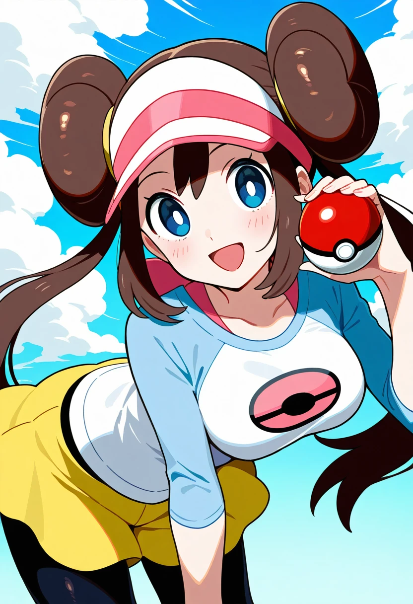 1girl, brown hair, double bun, hair bun, twintails, open mouth, long hair, blue eyes, :d, breasts, blush, white pupils, doughnut hair bun, collarbone, pantyhose, visor cap, raglan sleeves, shorts, shirt, pantyhose under shorts, looking at viewer, poke ball, bow, solo, holding, poke ball (basic), holding poke ball, smile, black pantyhose, rosa (pokemon), yellow shorts, bright pupils, sky, poke ball print, cloud, hand up